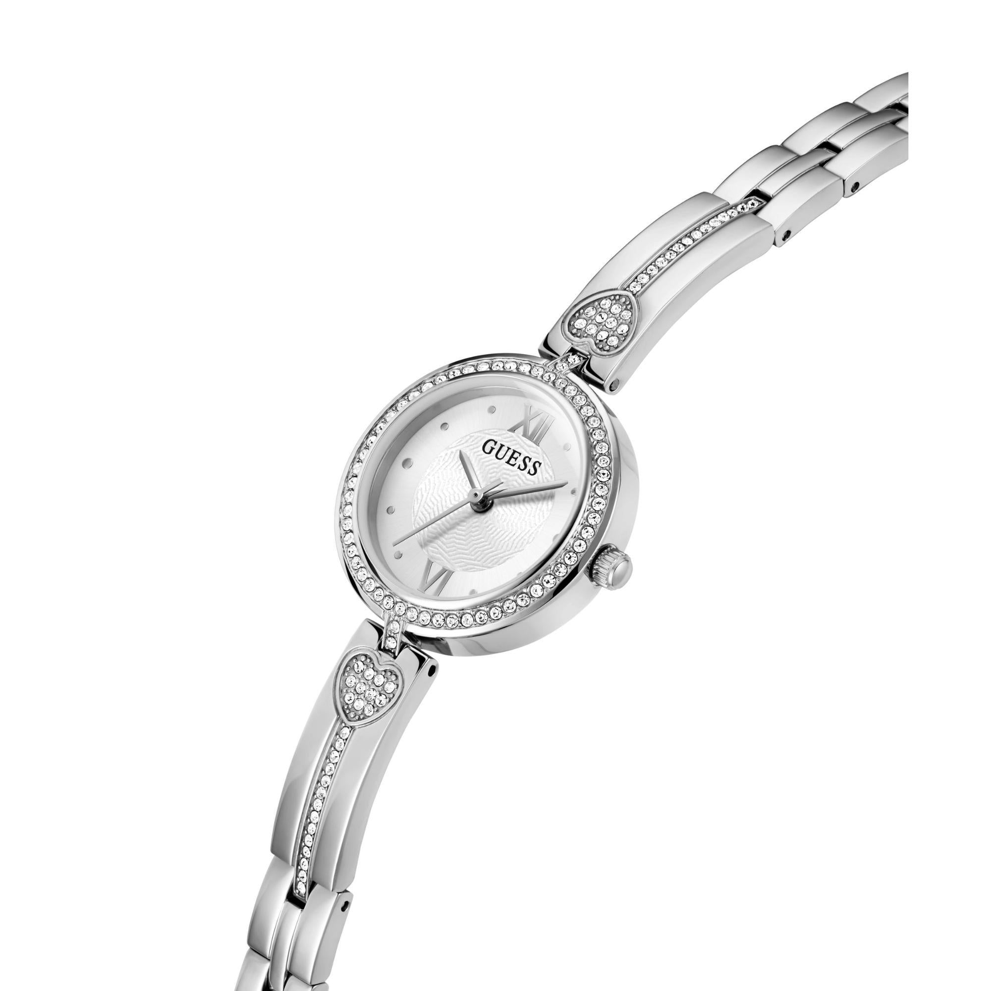 GUESS Ladies Silver Tone Analog Stainless Steel White Dial Watch GW0655L1