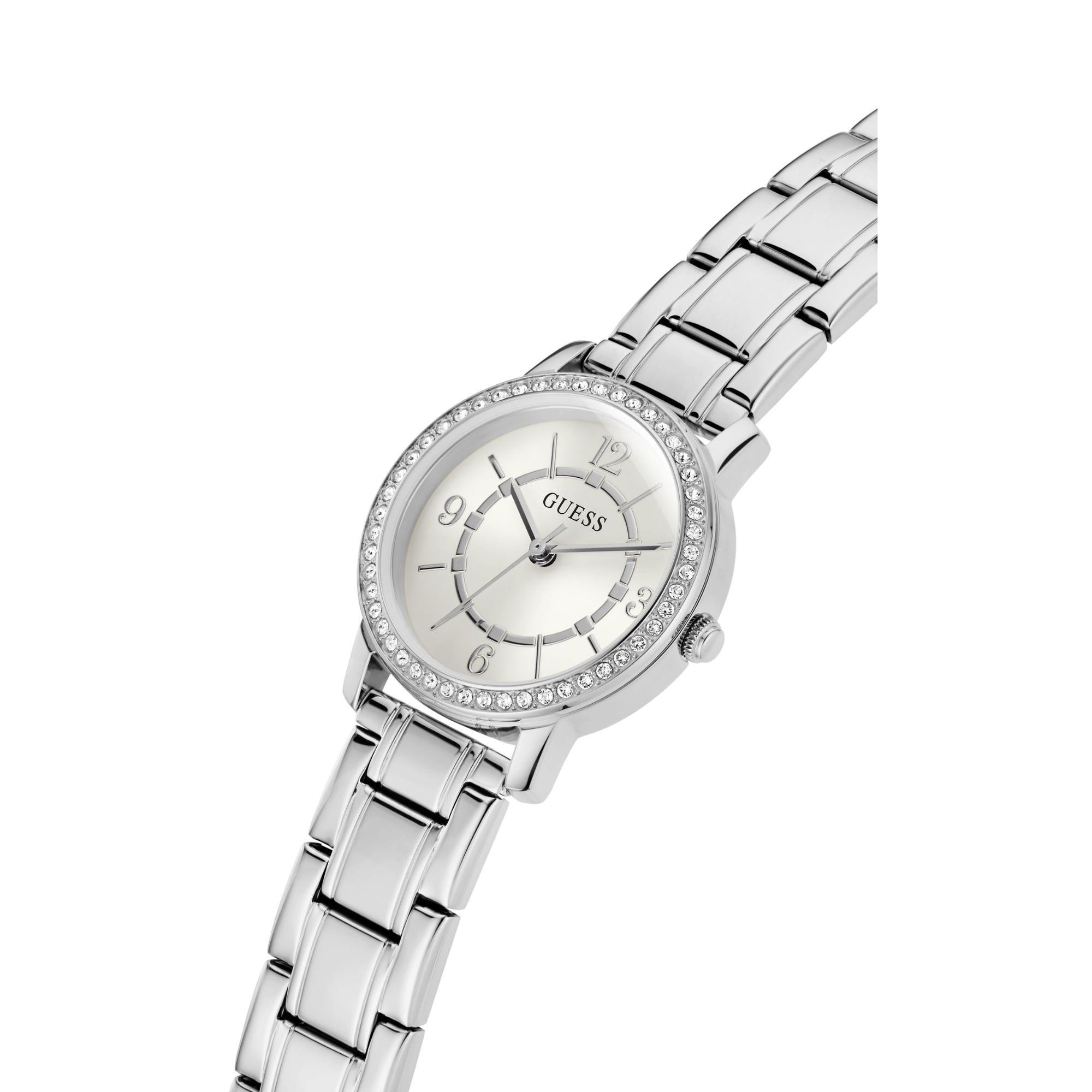 GUESS Ladies Silver Tone Stainless Steel Strap Analog White Dial Watch GW0468L1