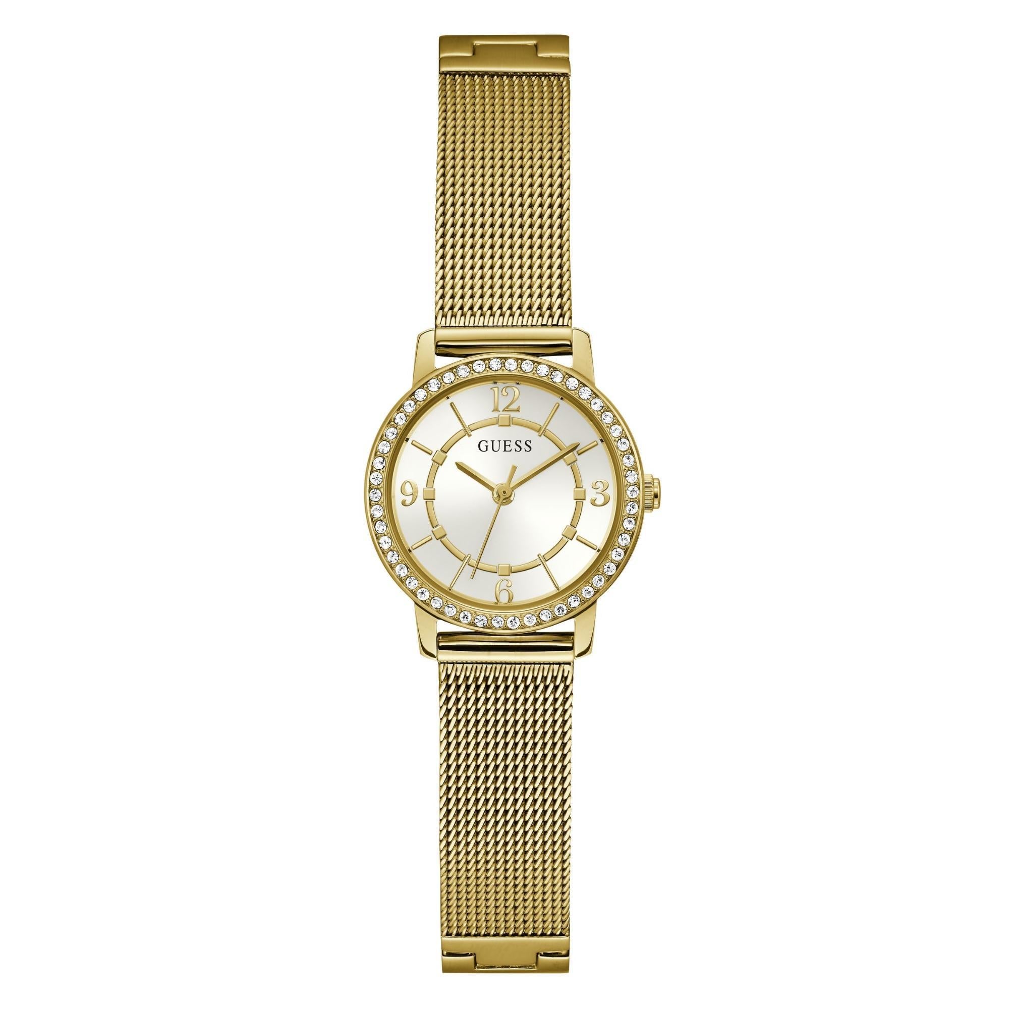 GUESS Goldfarbene Analog Weiß Zifferblatt Edelstahlarmband Damen Uhr GW0534L2