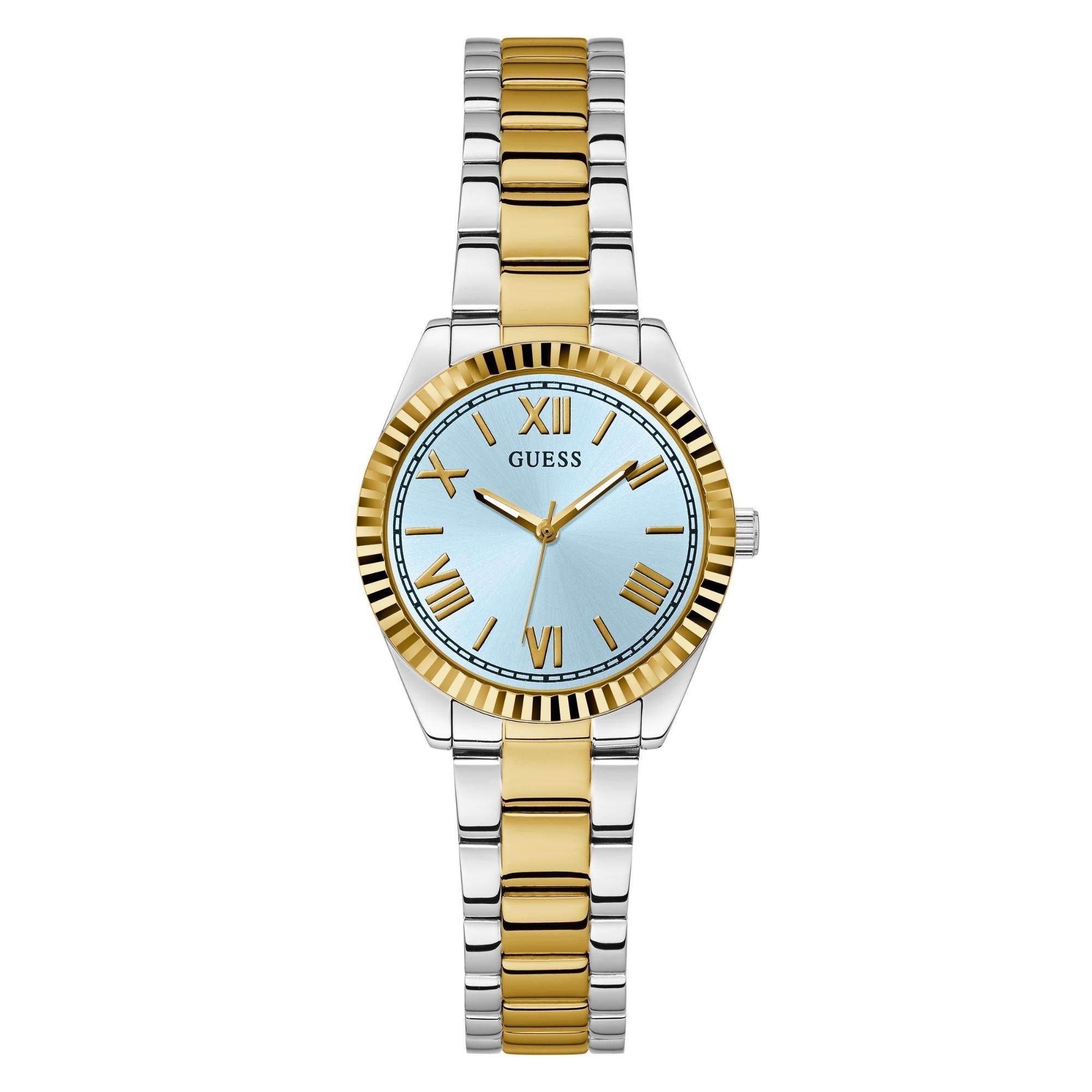 GUESS Damenarmbanduhr 2-Tone, analog, blaues Zifferblatt, mit Kristallakzenten GW0687L4