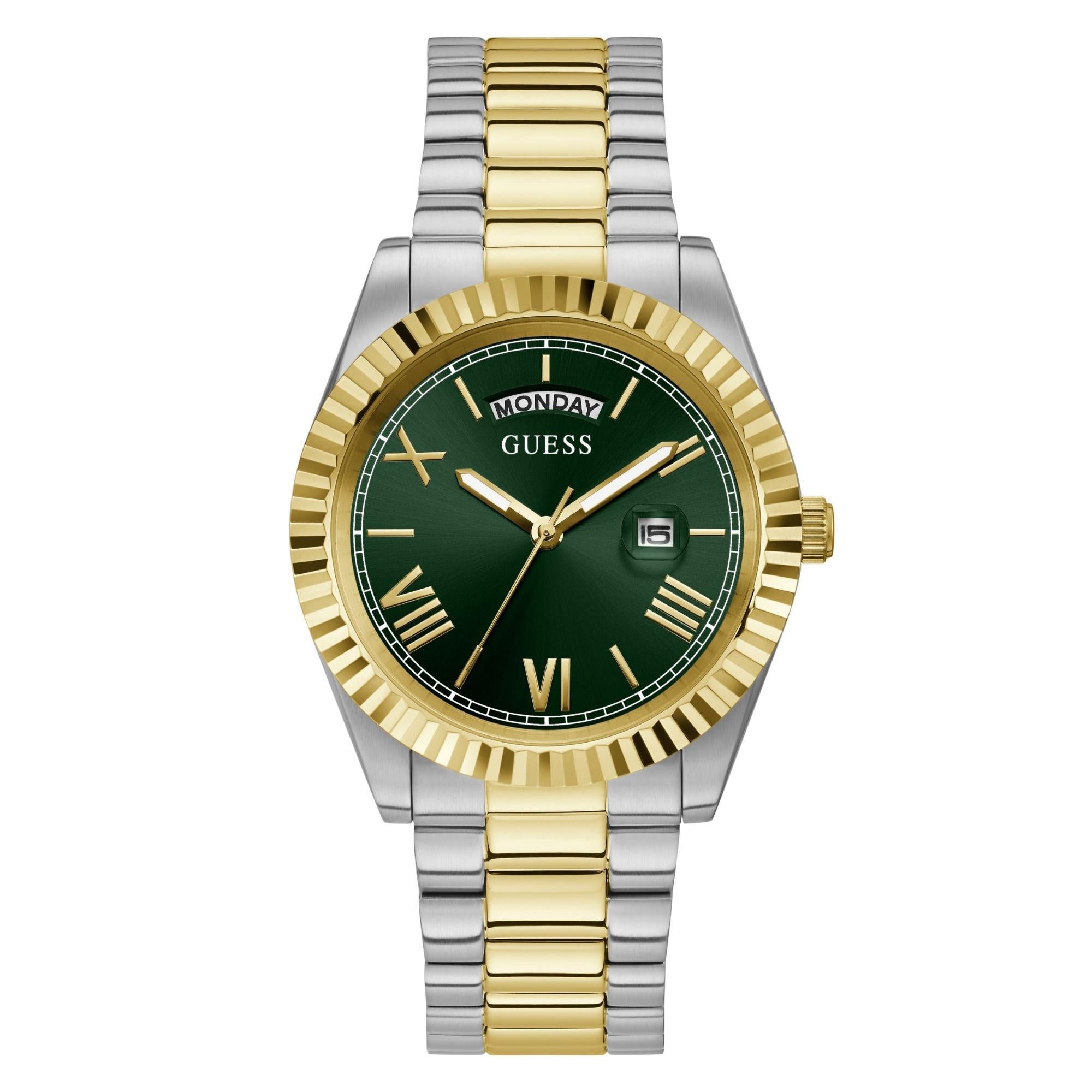 GUESS Men's Two-Tone Day/Date Green Dial Watch with Stainless Steel Strap GW0265G8