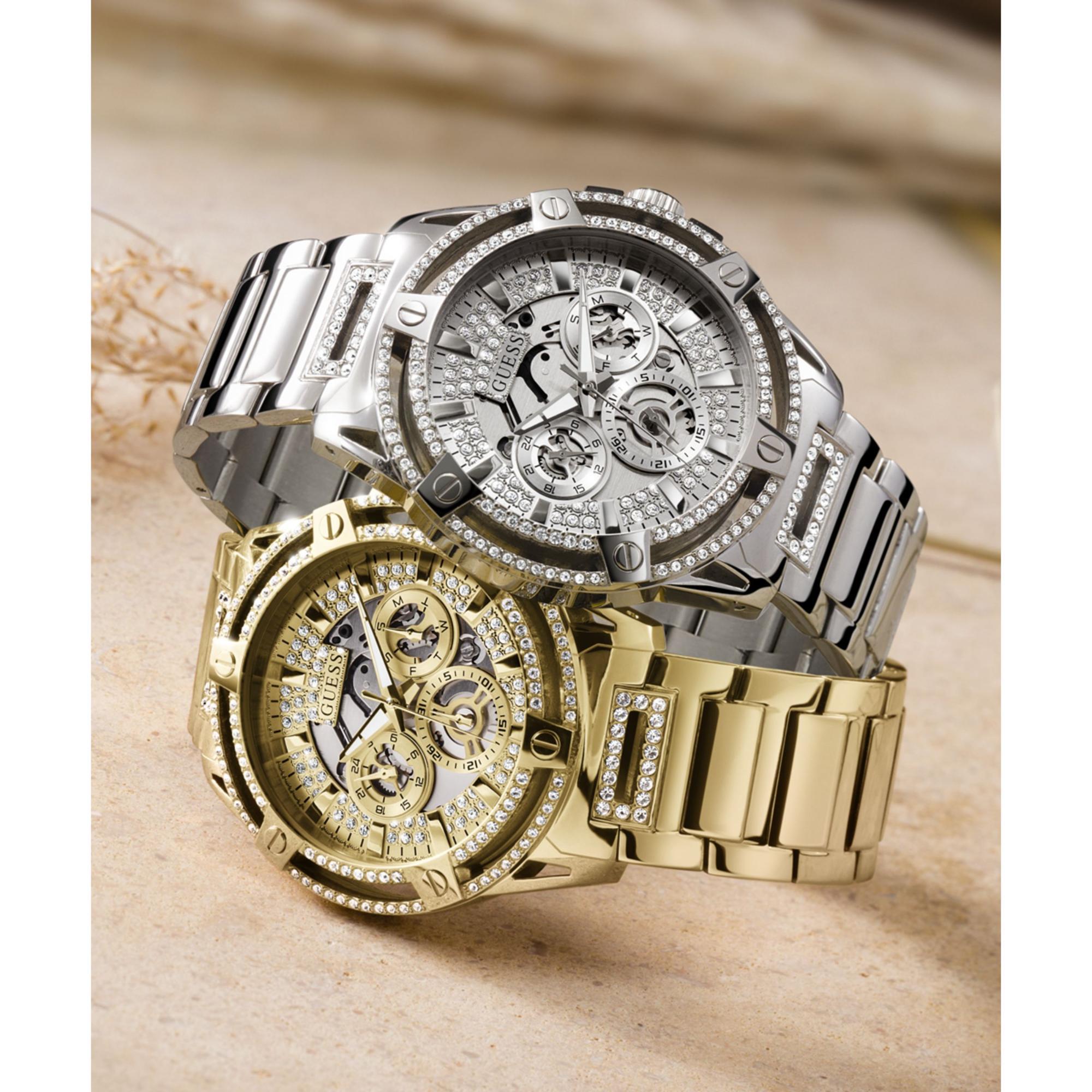 Guess Edelstahl Multifunktion Kristallisiert Tag-Datum Silber Zifferblatt Herren Uhr GW0497G1