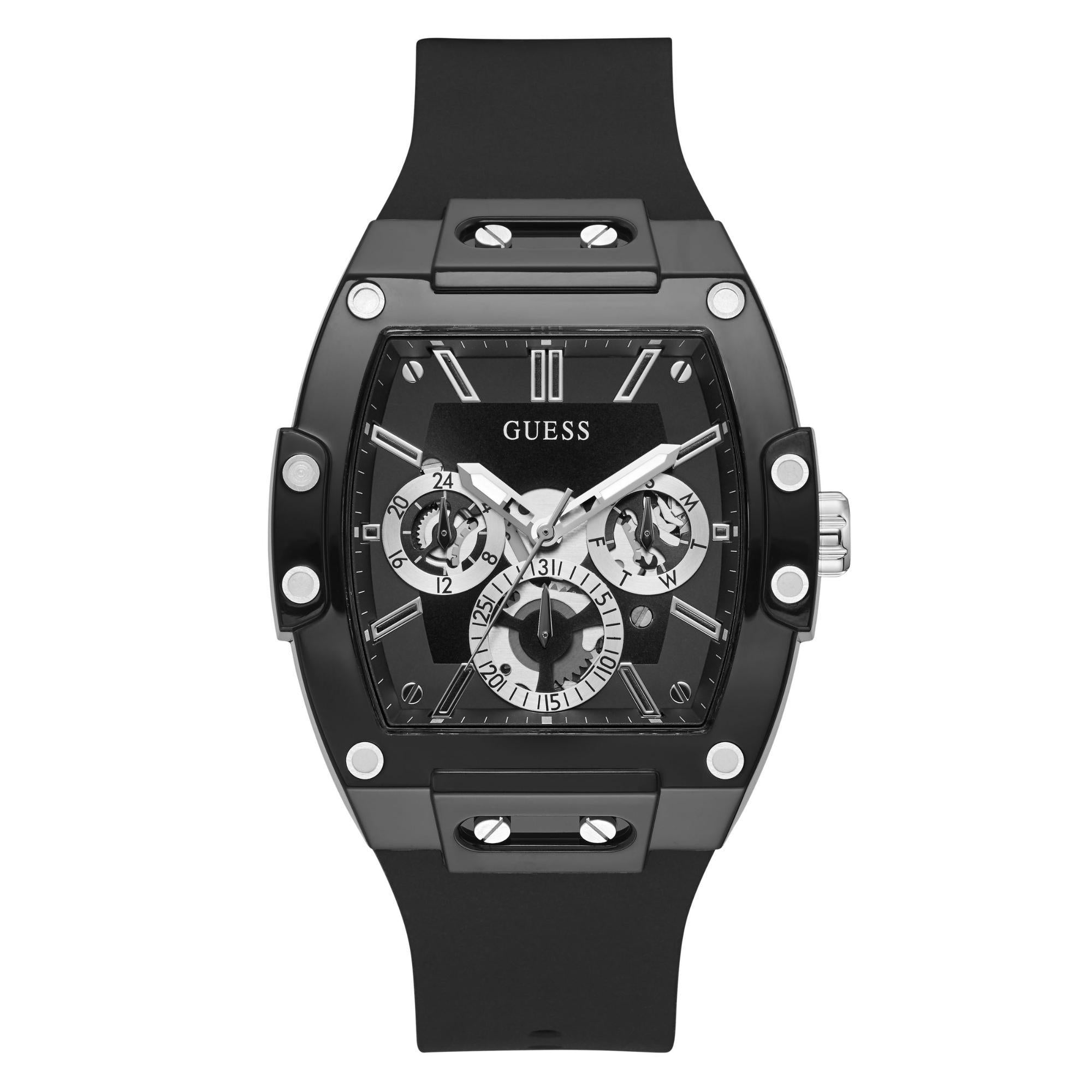 GUESS Multifunktion mit Edelstahlarmband Schwarzes Zifferblatt Herren Uhr GW0203G3