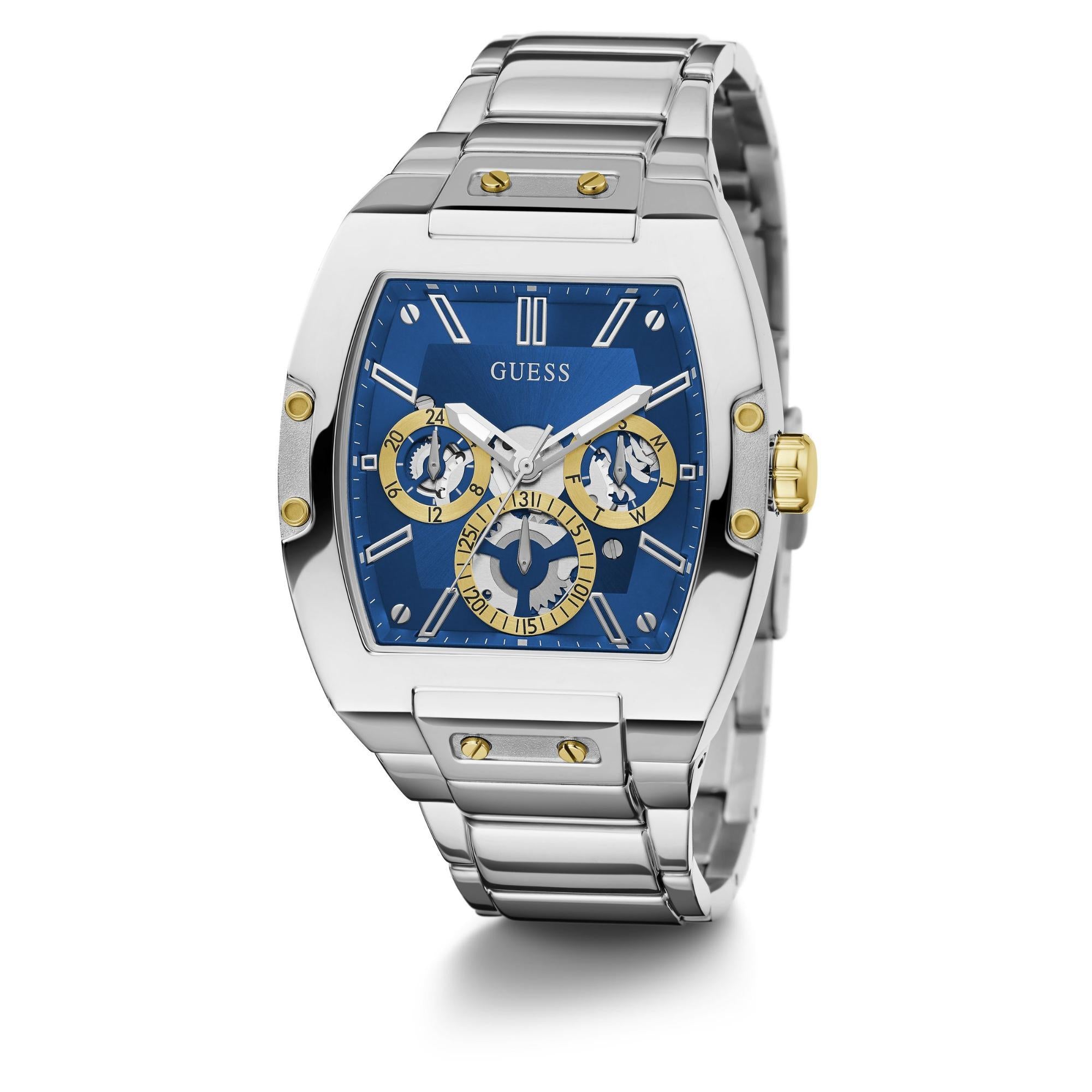 GUESS Multifunktion Silberfarbene Edelstahlarmband Blau Zifferblatt Herren Uhr GW0456G5