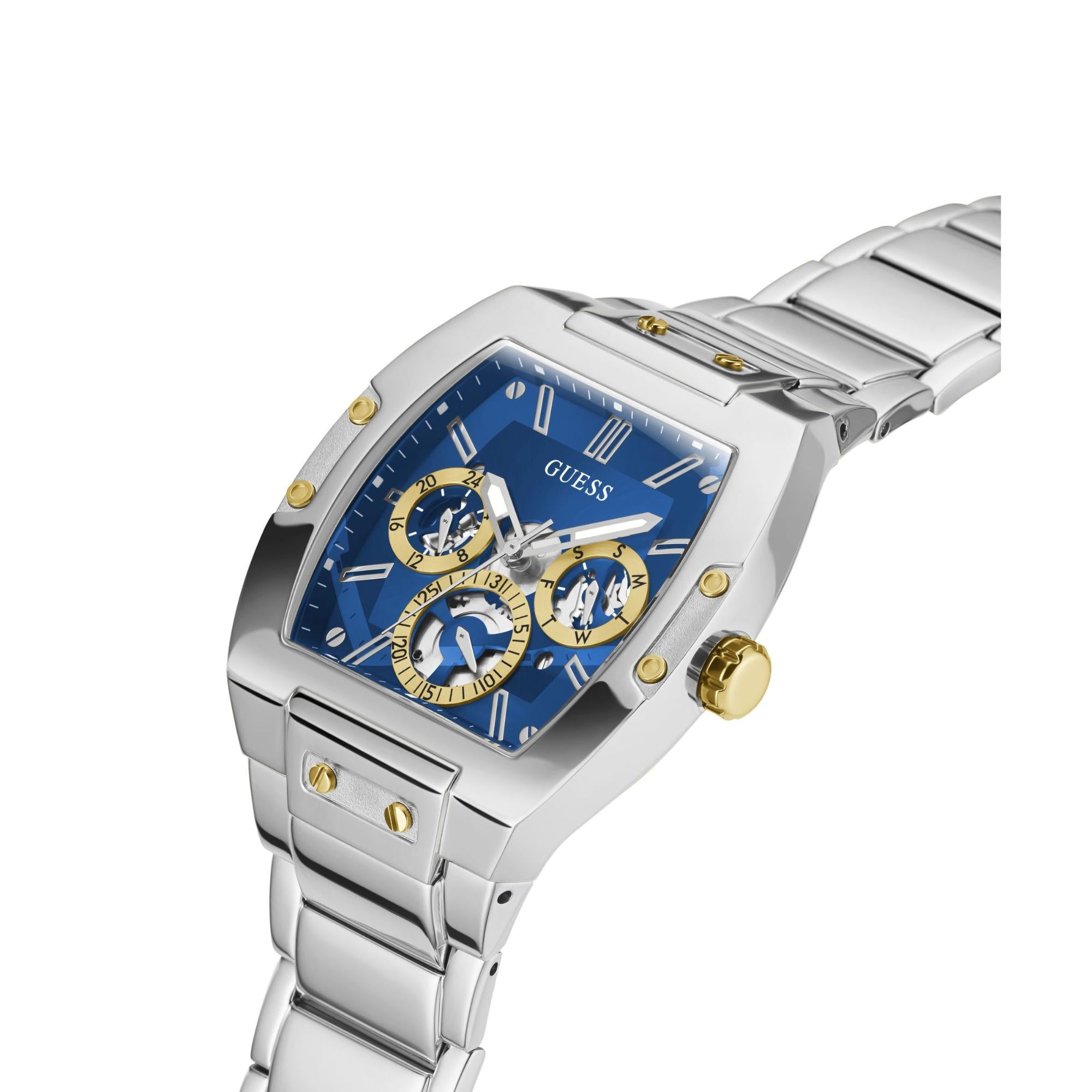 GUESS Multifunktion Silberfarbene Edelstahlarmband Blau Zifferblatt Herren Uhr GW0456G5