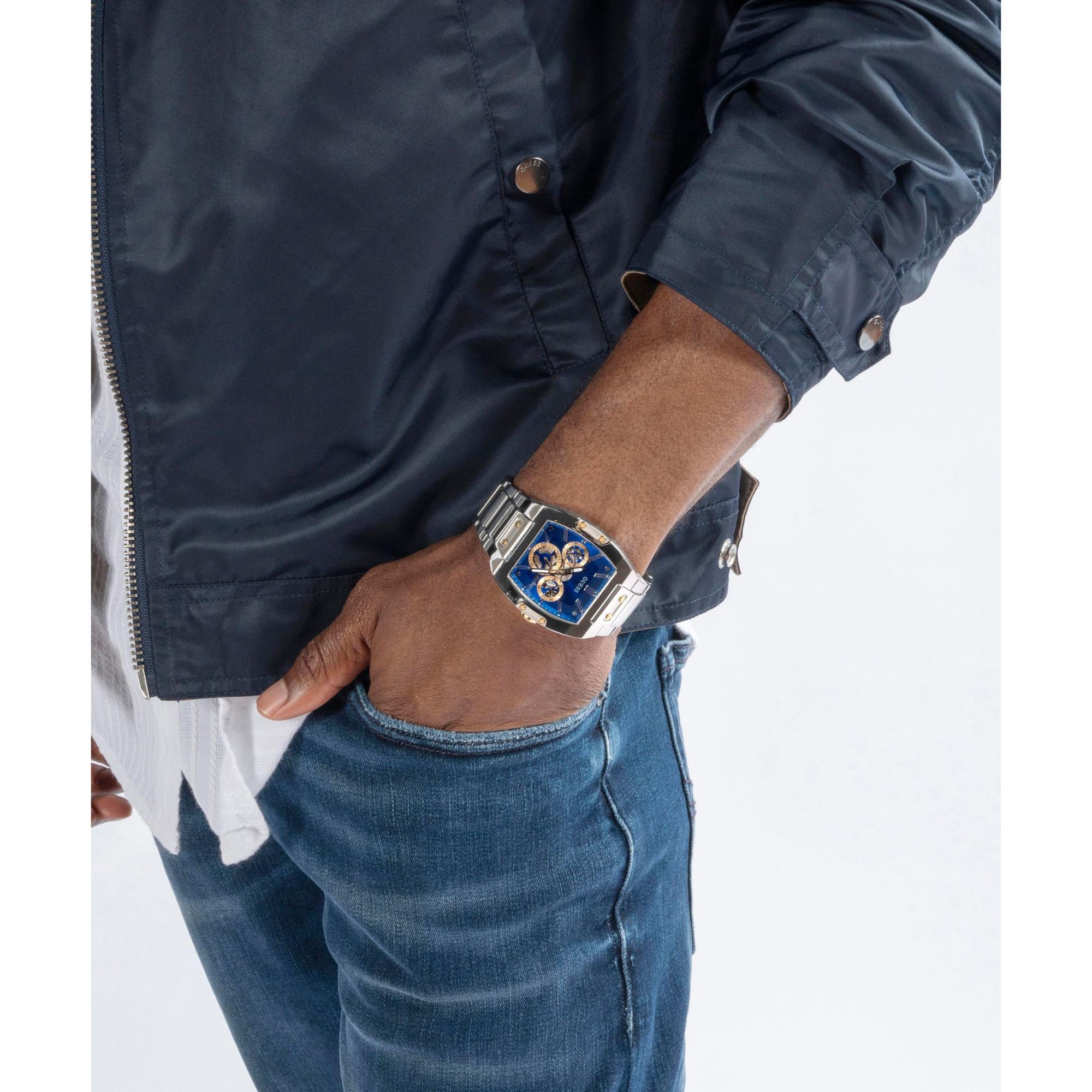GUESS Multifunktion Silberfarbene Edelstahlarmband Blau Zifferblatt Herren Uhr GW0456G5
