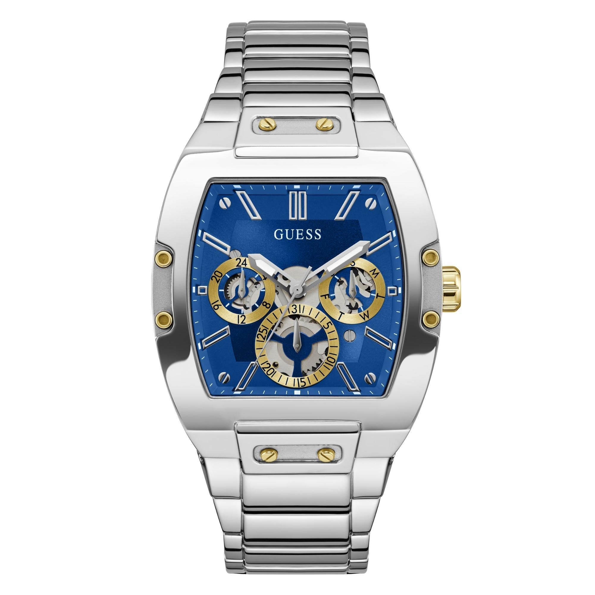 GUESS Multifunktion Silberfarbene Edelstahlarmband Blau Zifferblatt Herren Uhr GW0456G5