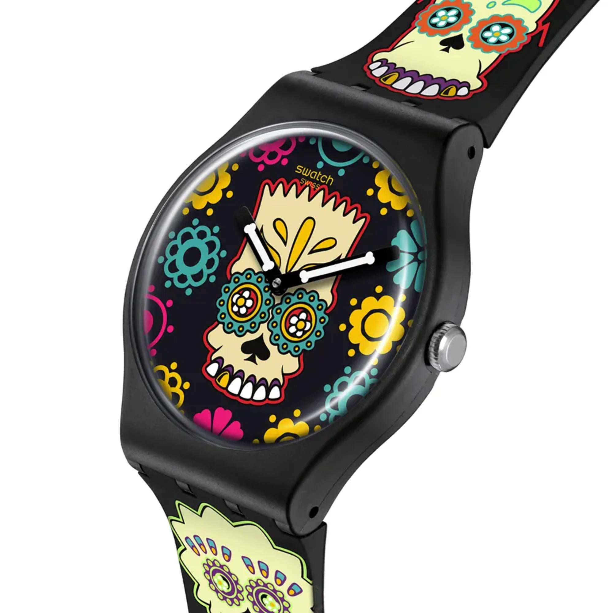 Swatch x Die Simpsons (41mm) D'OH OF THE DEAD Schwarzes Bedrucktes Zifferblatt Schwarzes Bedrucktes Armband Uhr SO29Z135