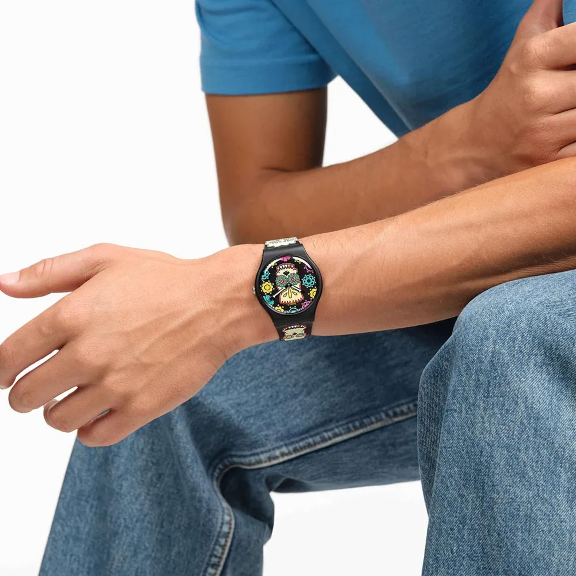 Swatch x Die Simpsons (41mm) D'OH OF THE DEAD Schwarzes Bedrucktes Zifferblatt Schwarzes Bedrucktes Armband Uhr SO29Z135