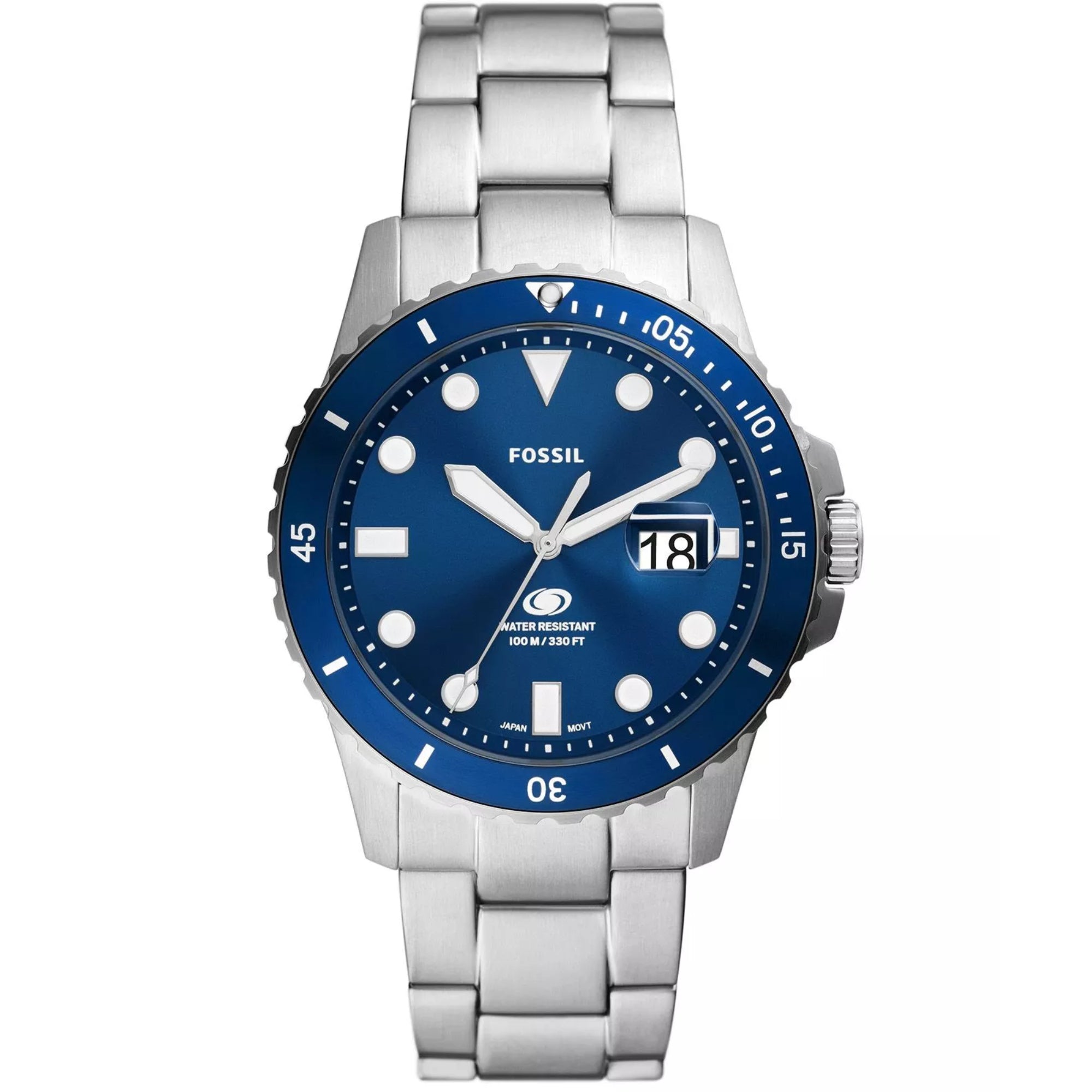 Fossil watch with blue dial and silver metal strap on a white background