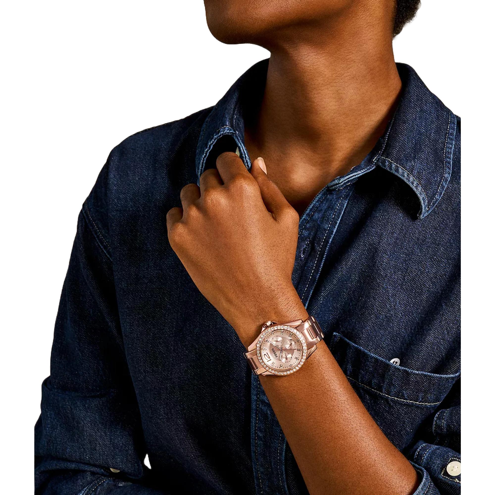 Fossil Riley 38mm Chronograph Rose Gold Dial Steel Ladies Quartz Watch ES2811
