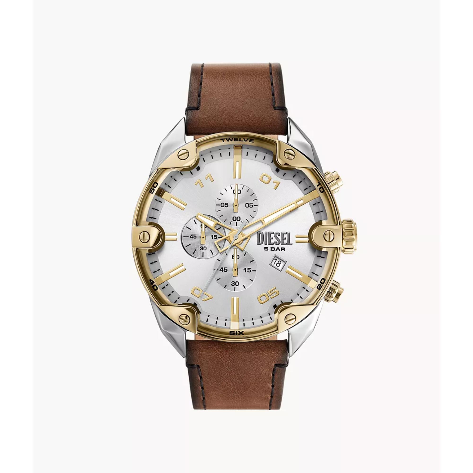 Diesel Spiked 49mm Chronograph Silver Dial Leather Mens Quartz Watch DZ4665