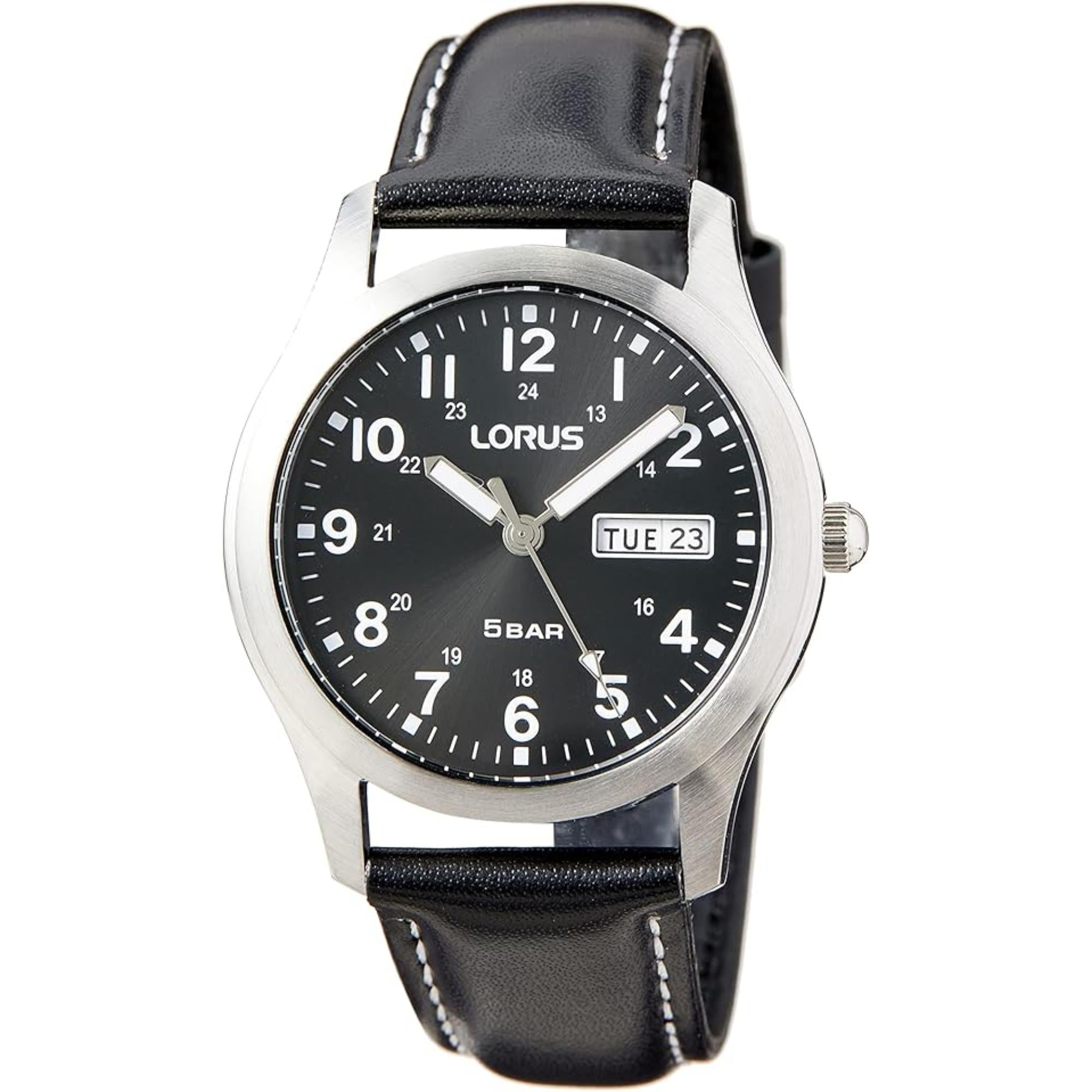 Lorus Analoge Quarz Herrenarmbanduhr mit schwarzem Zifferblatt und schwarzem Lederarmband RXN79DX9