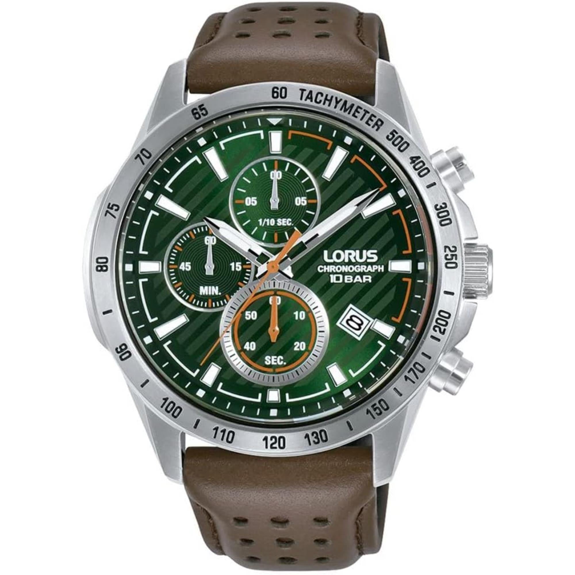 Lorus Chronograph Grünes Zifferblatt Braunes Lederarmband Herren Uhr RM303JX9