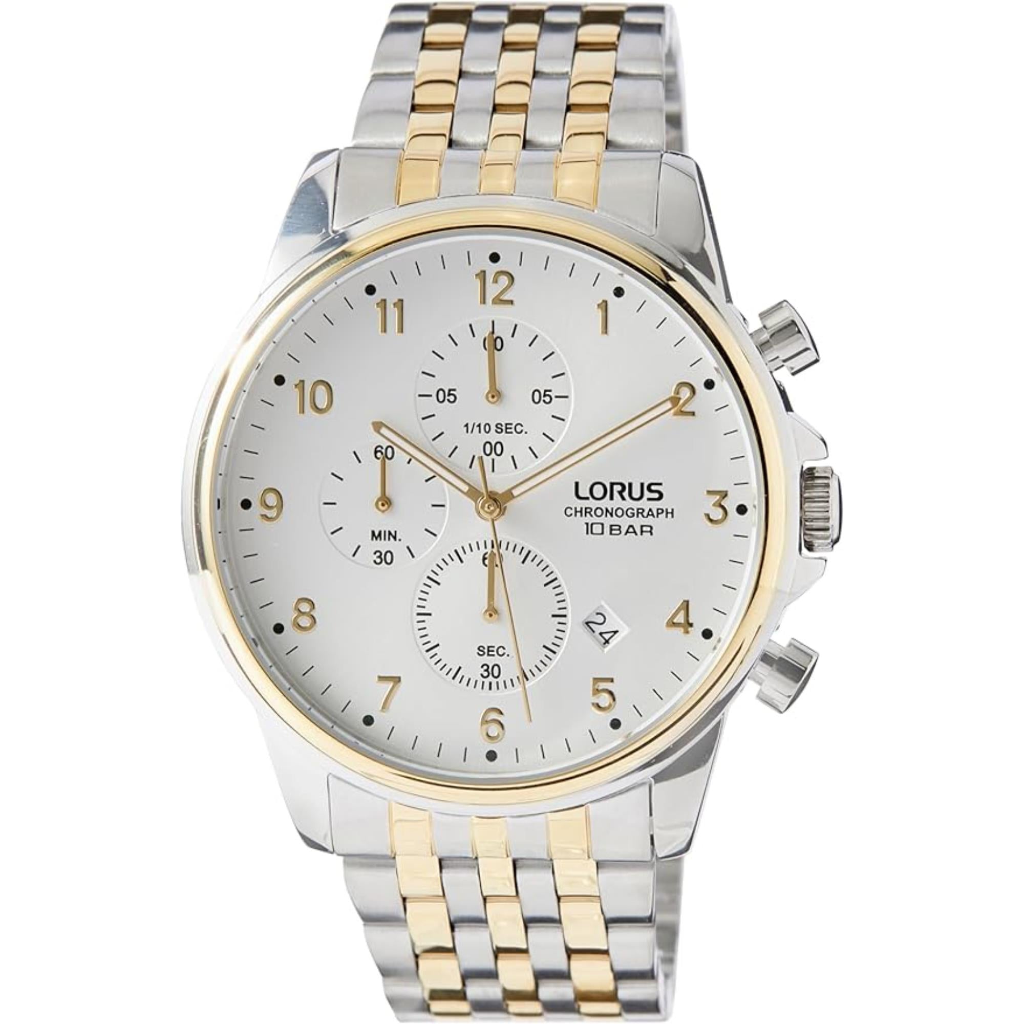 Lorus Sports Chronograph Zweifarbiges Armband Weißes Sonnenstrahl Zifferblatt Herren Uhr RM338JX9