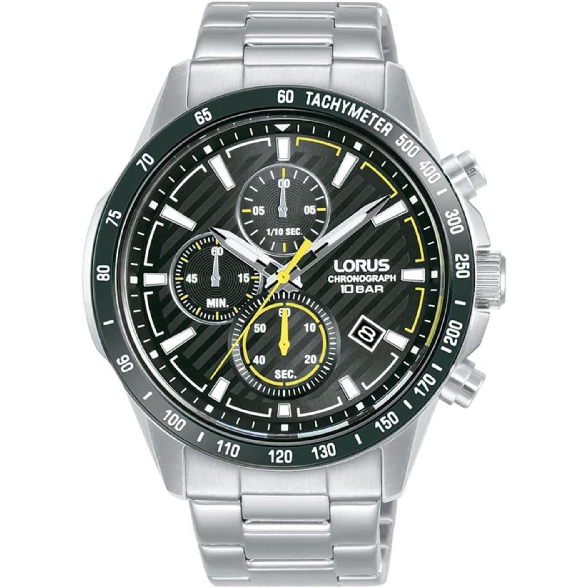 Lorus Chronograph Herren Uhr Schwarzes Sonnenstrahl Zifferblatt Gelbe Akzente Edelstahl Armband RM397HX9