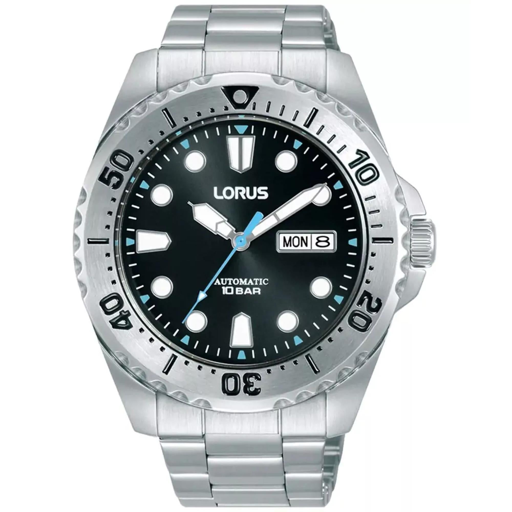 Lorus Automatik Herren Schwarzes Zifferblatt Edelstahl Armband Uhr RL471BX9