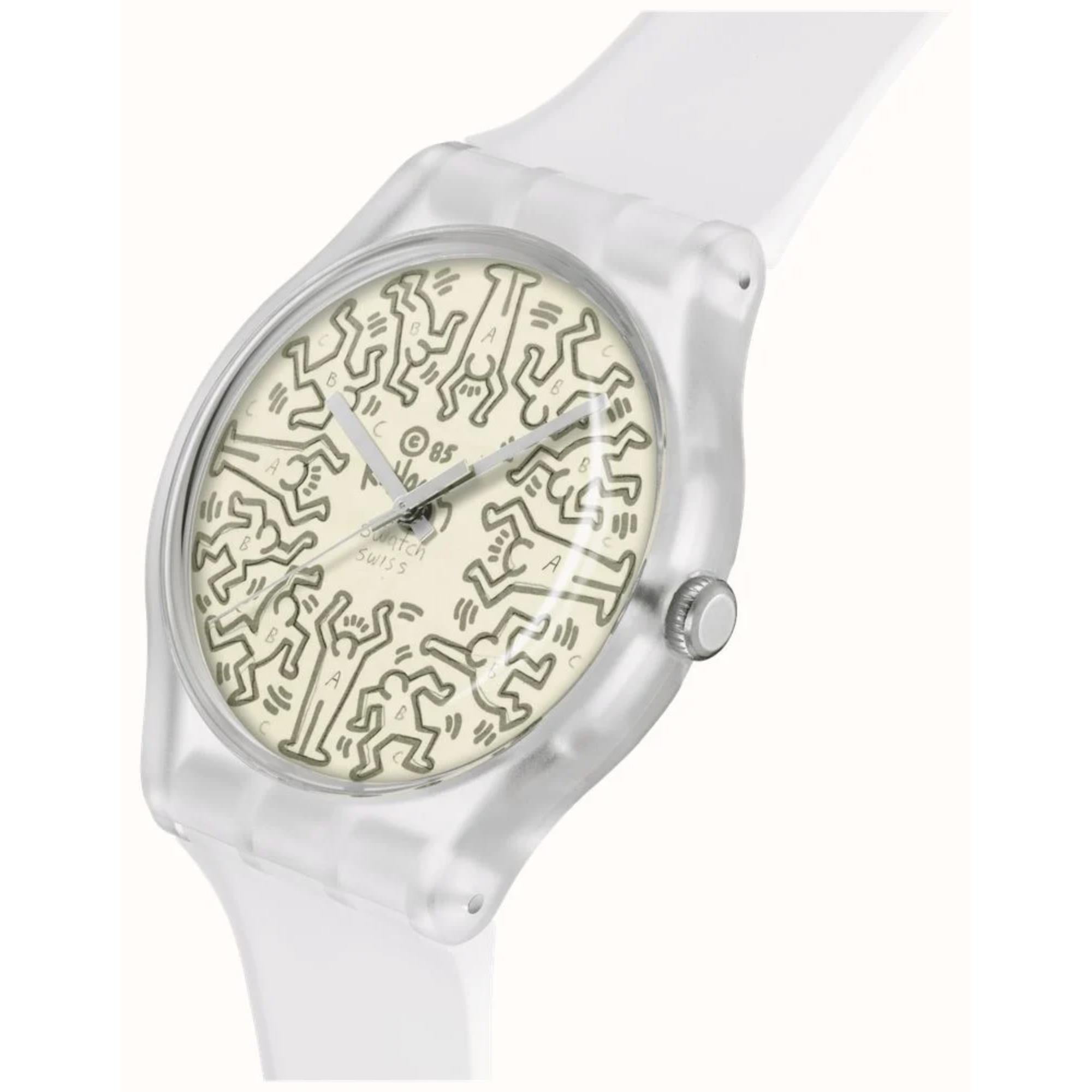 Swatch Quartz Break Free AUS DEM ARCHIV Beige Illustriertes Zifferblatt Transparenter Silikonarmband SO29Z145