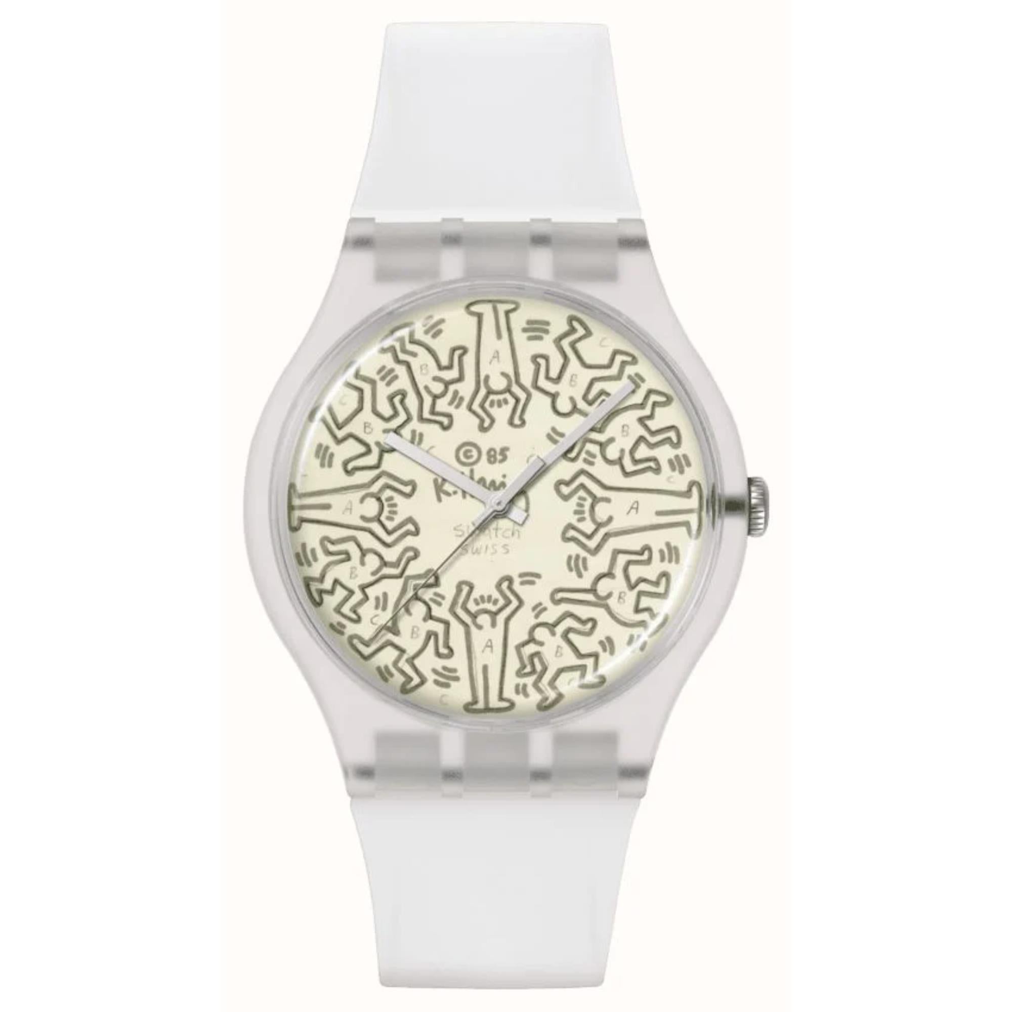 Swatch Quartz Break Free AUS DEM ARCHIV Beige Illustriertes Zifferblatt Transparenter Silikonarmband SO29Z145