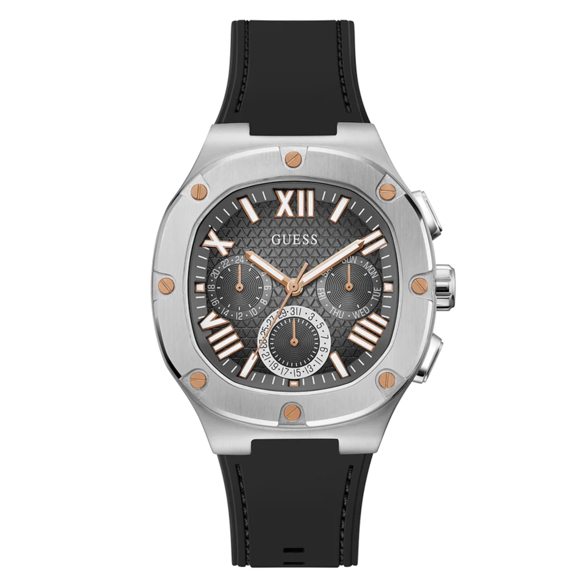 Guess Herren Texturiertes schwarzes Zifferblatt schwarze Silikonarmband Uhr GW0571G1