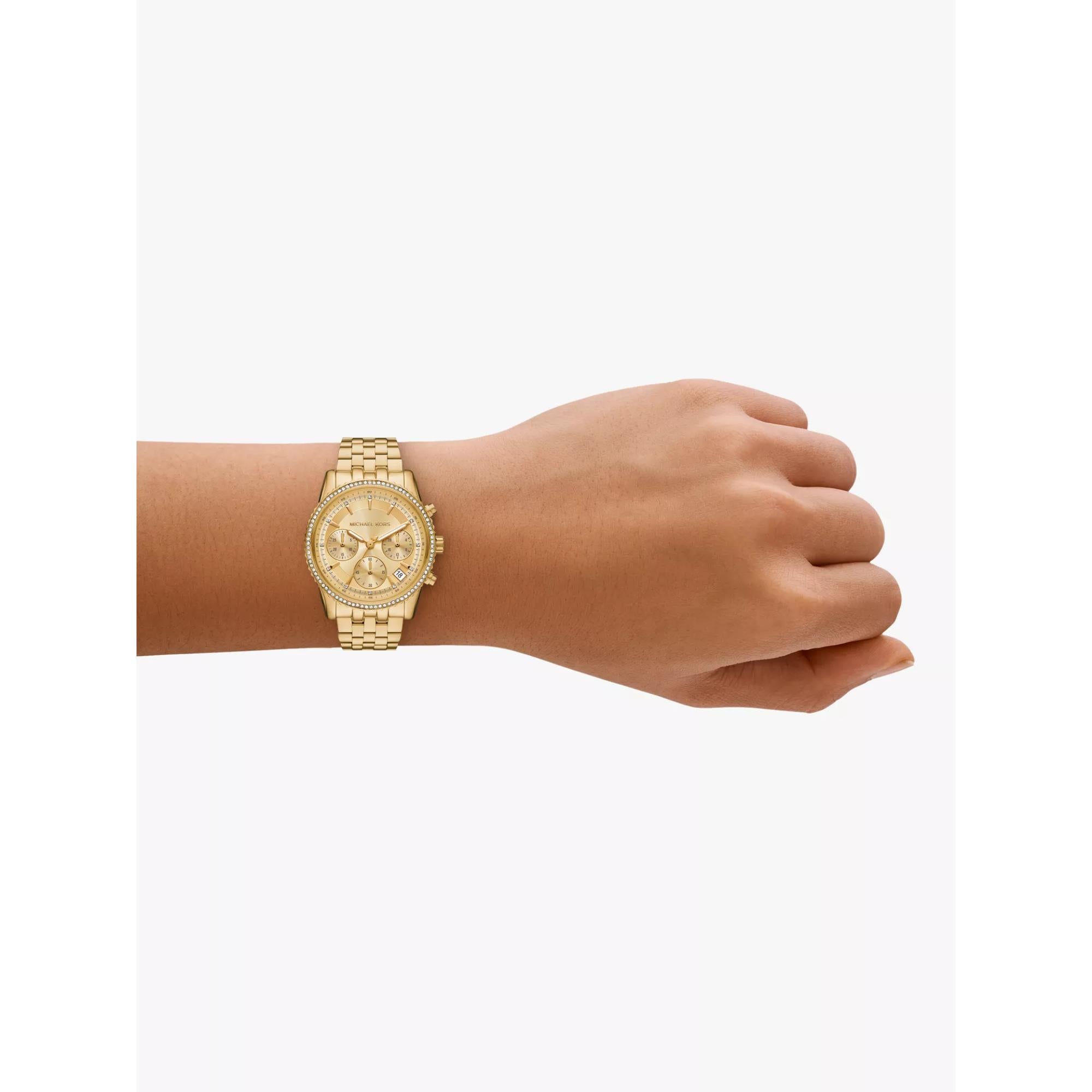 Michael Kors Mini Bryant Chronograph Goldenes Zifferblatt Goldfarbener Edelstahlarmband Damen Uhr MK7530