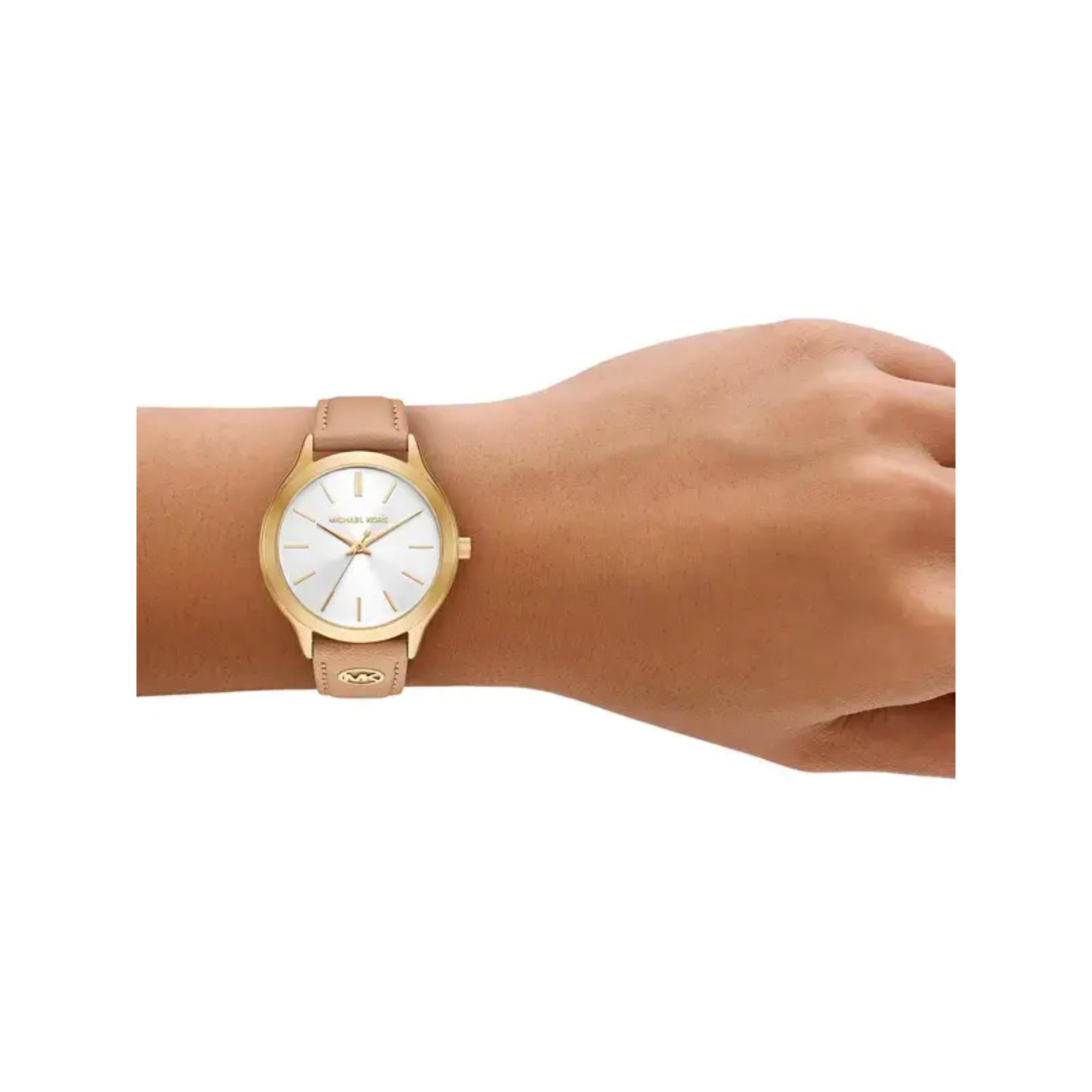 Michael Kors Slim Runway Weißes Zifferblatt Nudet Lederarmband Damen Uhr MK7533