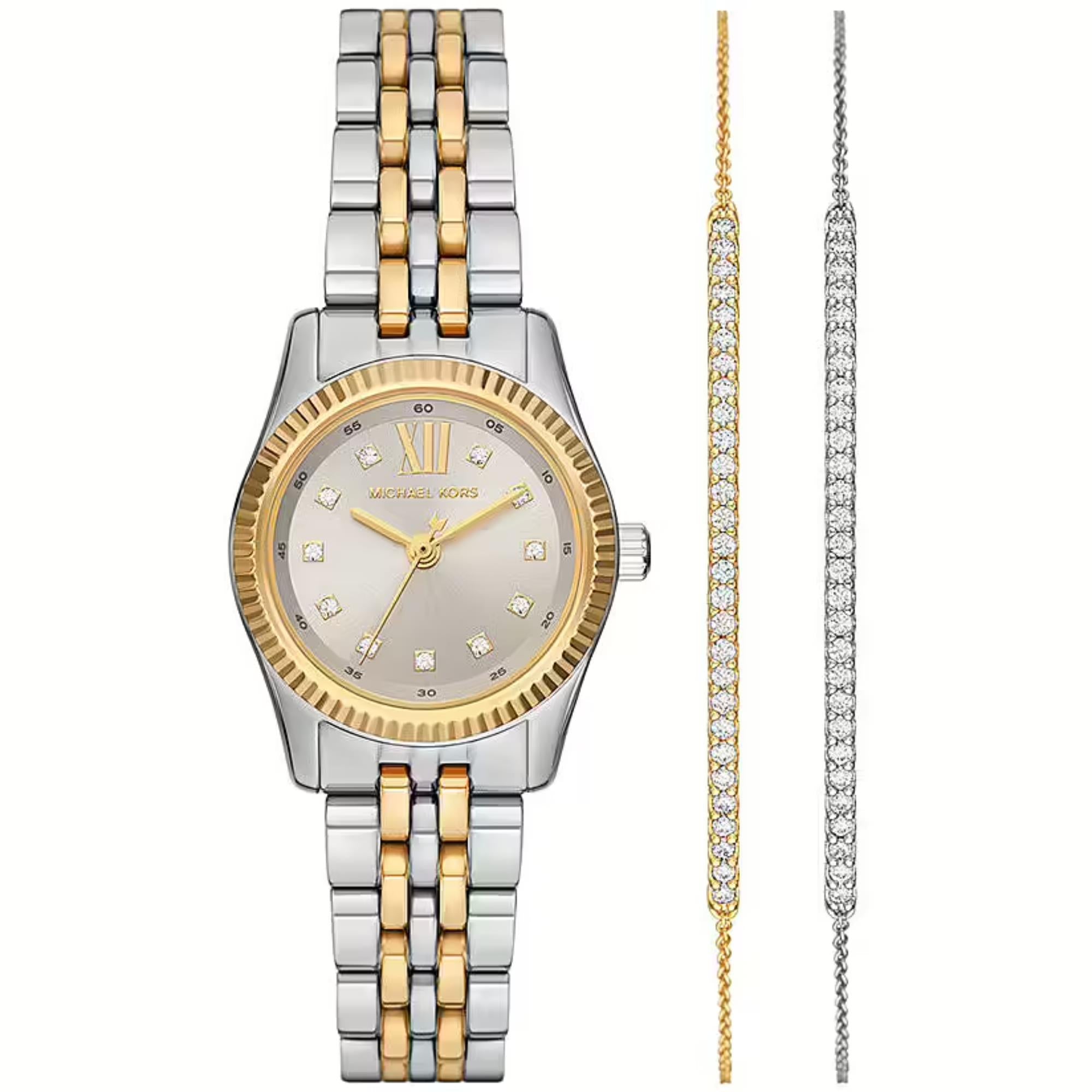 Michael Kors Lexington Zwei-Ton Weiß Zifferblatt Edelstahl Armband Damen Uhr und Armbänder Geschenkset MK4815SET