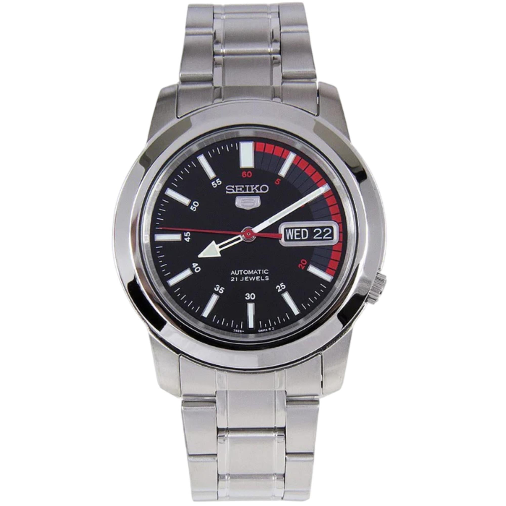 Seiko 5 Automatic 38mm black sunburst dial steel watch SNKK31K1 front view