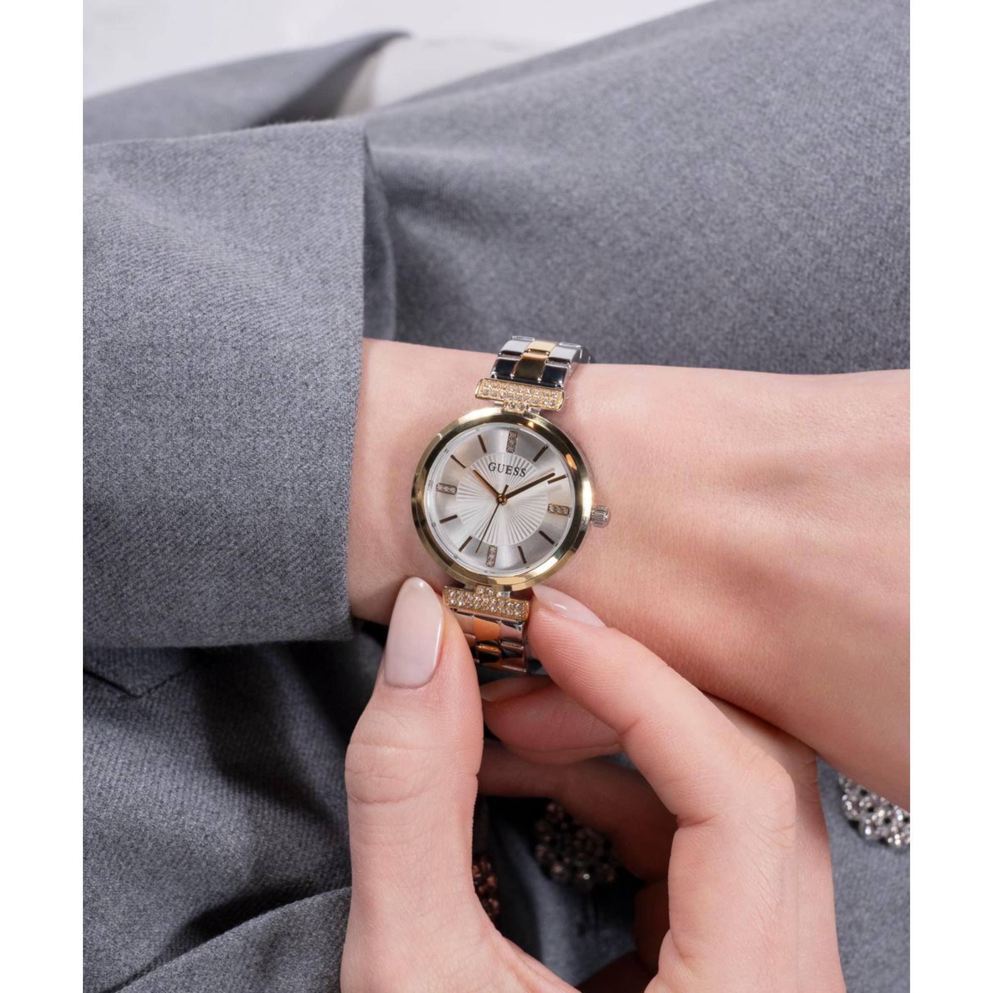 Guess Array Silbernes Zifferblatt Edelstahlarmband Damen Uhr GW0762L5
