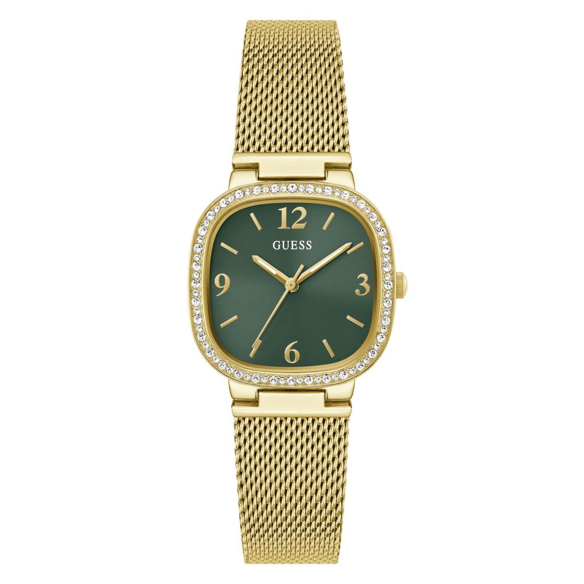 Guess Tapestry abgerundetes quadratisches grünes Zifferblatt Stahl-Mesh-Armband Damen Uhr GW0354L5