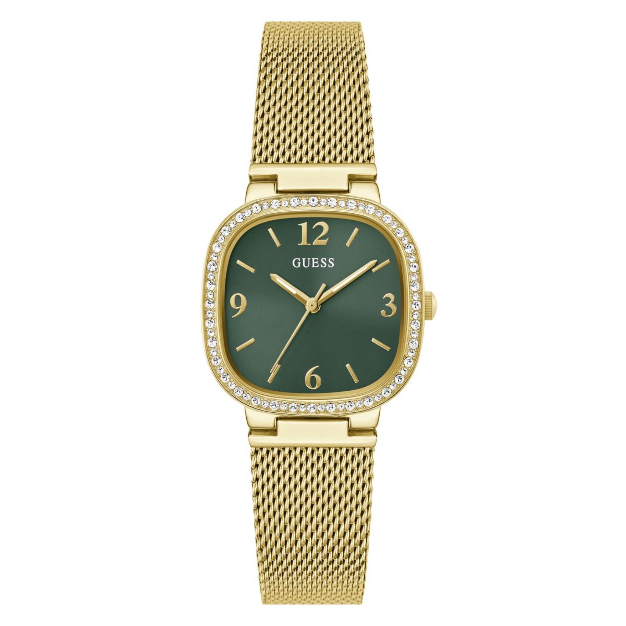 Guess Tapestry abgerundetes quadratisches grünes Zifferblatt Stahl-Mesh-Armband Damen Uhr GW0354L5