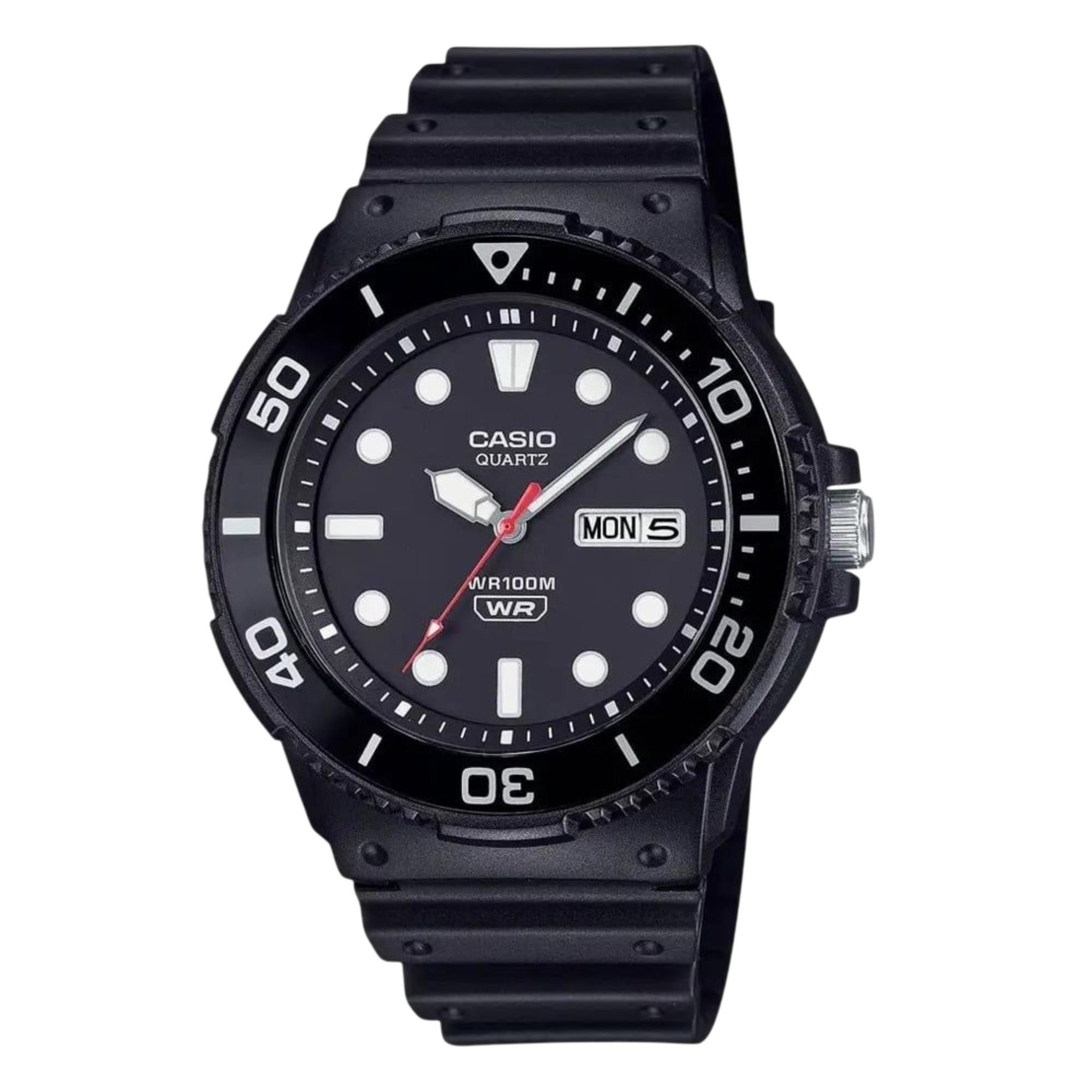 Black Casio watch with a white face on a white background
