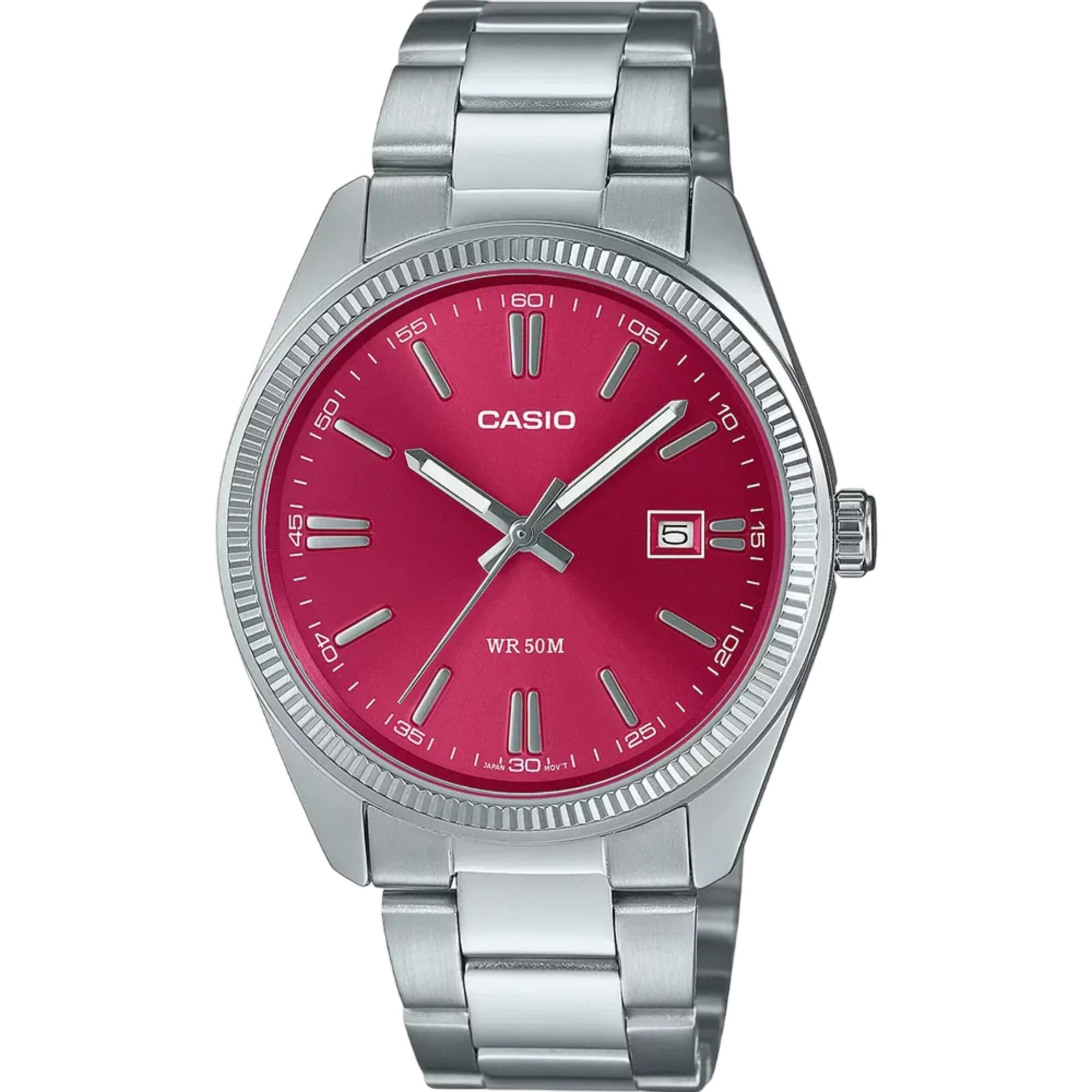 Casio MTP Serie Analog Rotes Zifferblatt Edelstahlarmband Herren Uhr MTP-1302PD-4AVEF