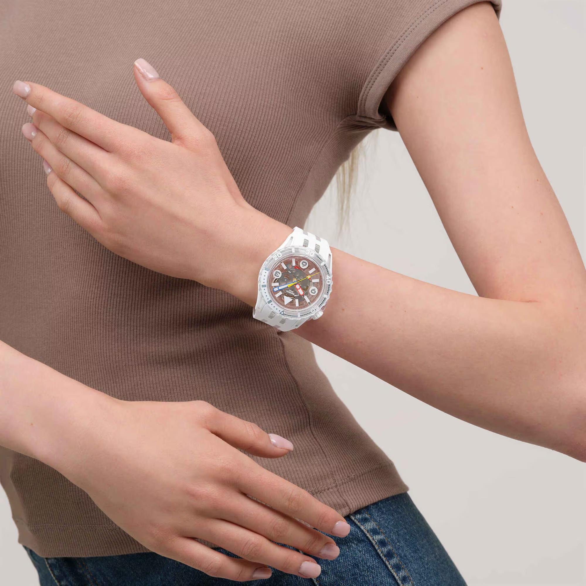 Swatch SCUBAQUA Aurelia Aurita Weißes Biokeramisches Zifferblatt Silikonarmband Uhr SSCU09K100