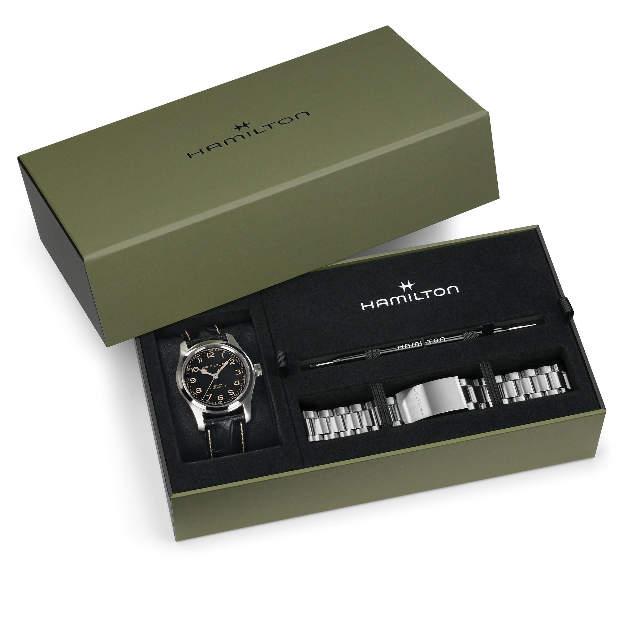 Hamilton Khaki Field 42mm Black Dial Mens Automatic Watch Bracelet Bundle H70605732