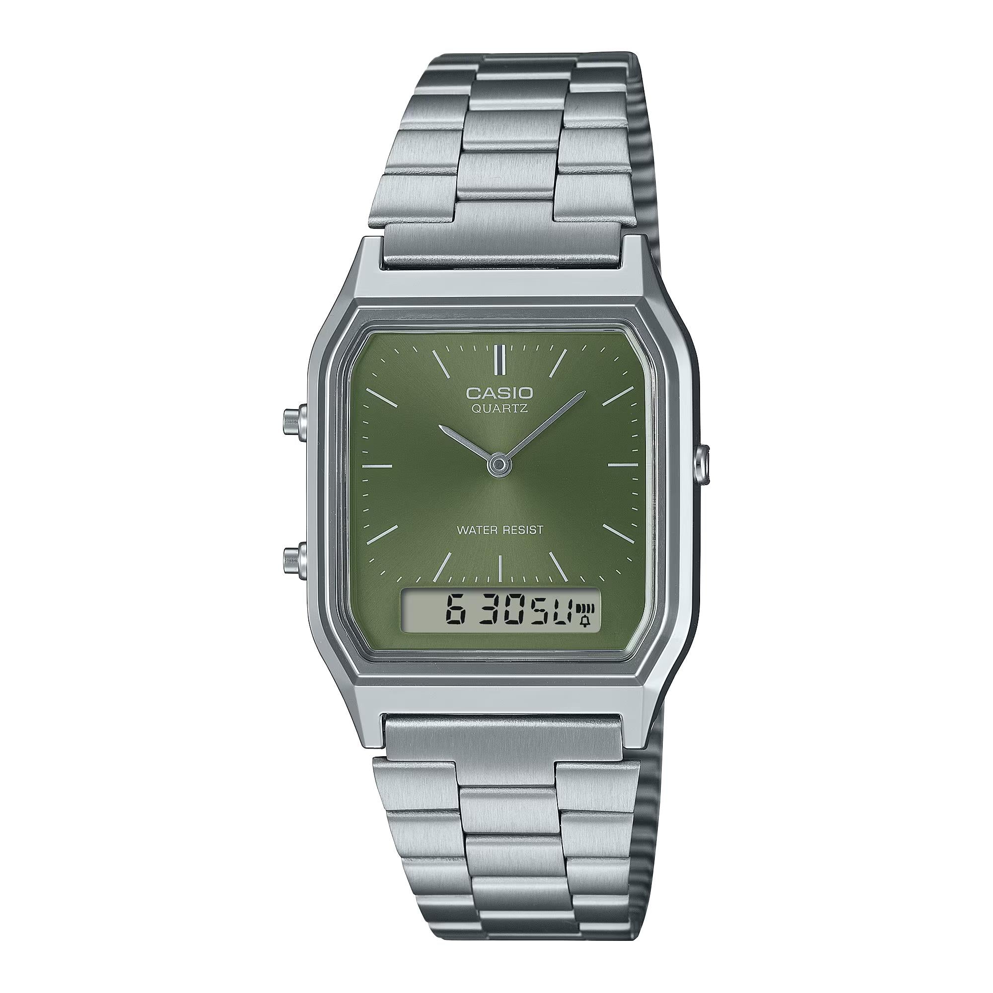 Casio Vintage Quartz Green Dial Steel Strap Watch AQ-230A-3AMQYES