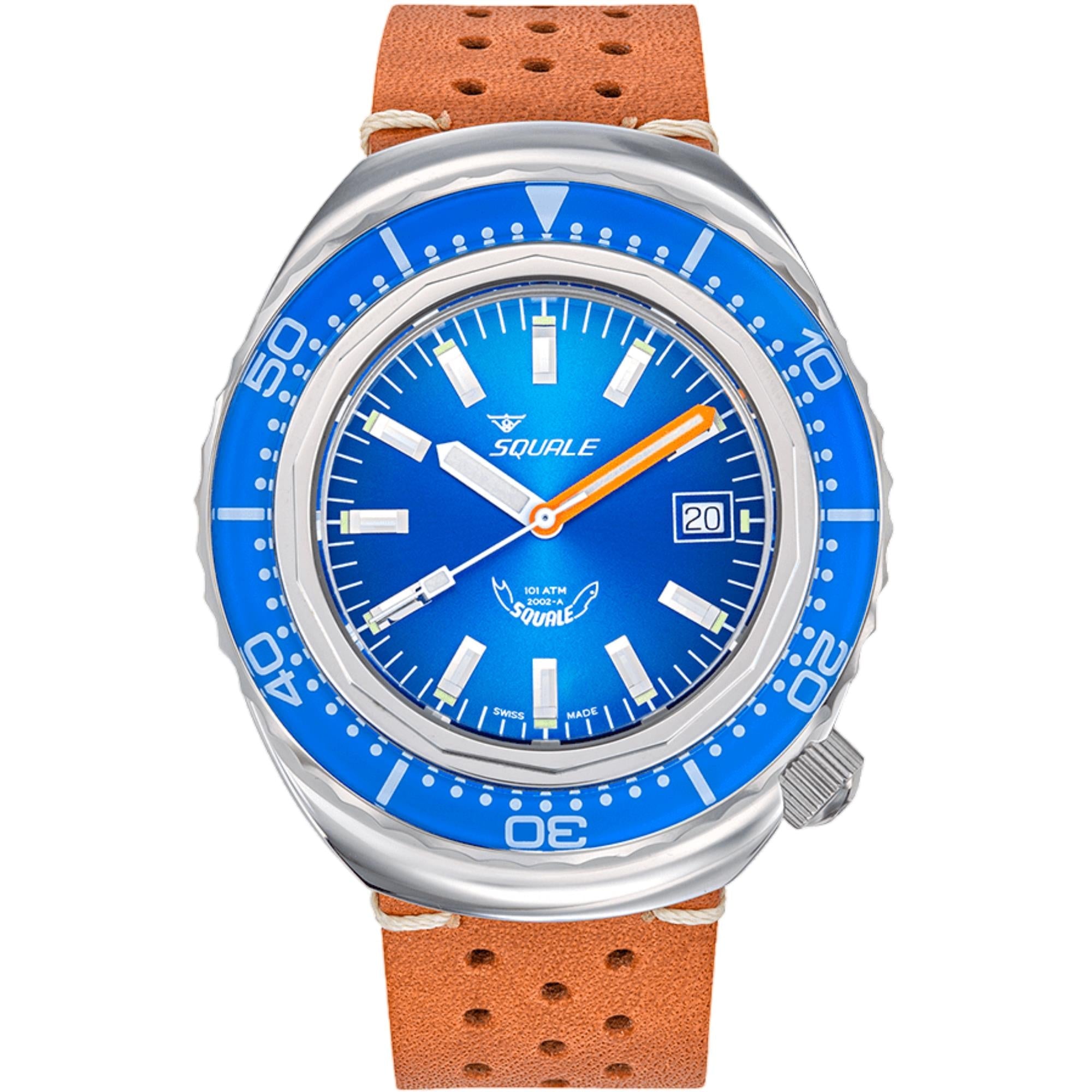 Squale 2002 Automatik Blauer Zifferblatt Lederband Herren Uhr 2002.SS.BL.BL.PTC