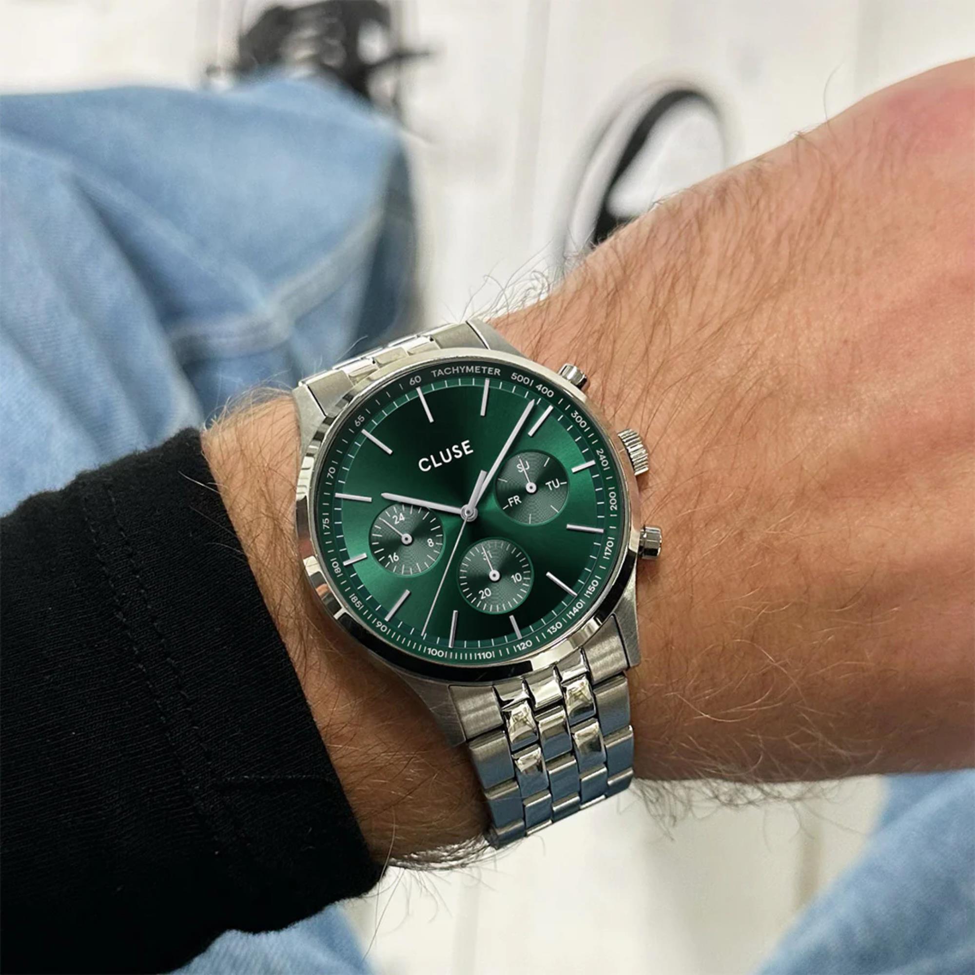 CLUSE Anthéor Quarz Chronograph Grünes Zifferblatt Stahlarmband Herrenuhr CW21002
