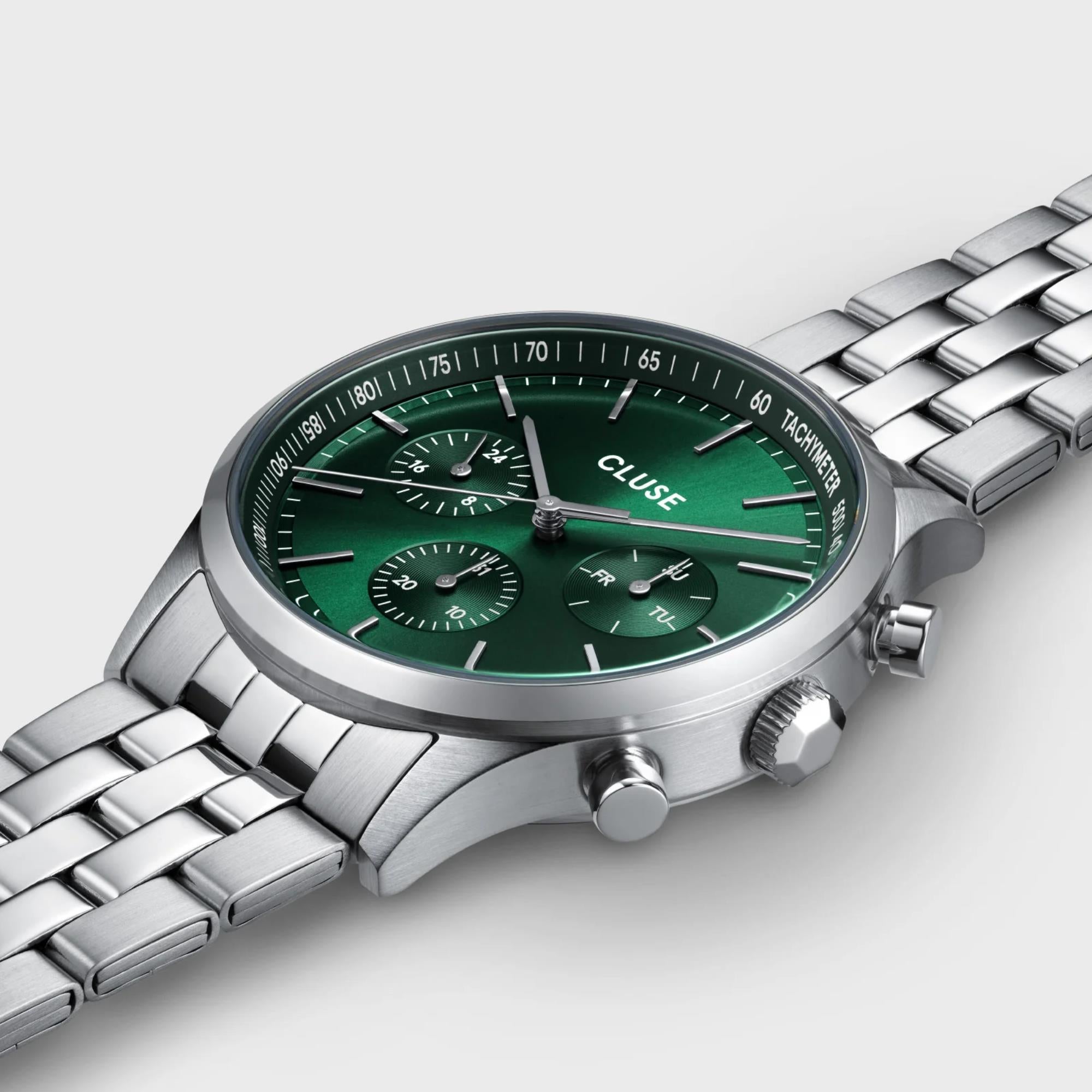 CLUSE Anthéor Quarz Chronograph Grünes Zifferblatt Stahlarmband Herrenuhr CW21002