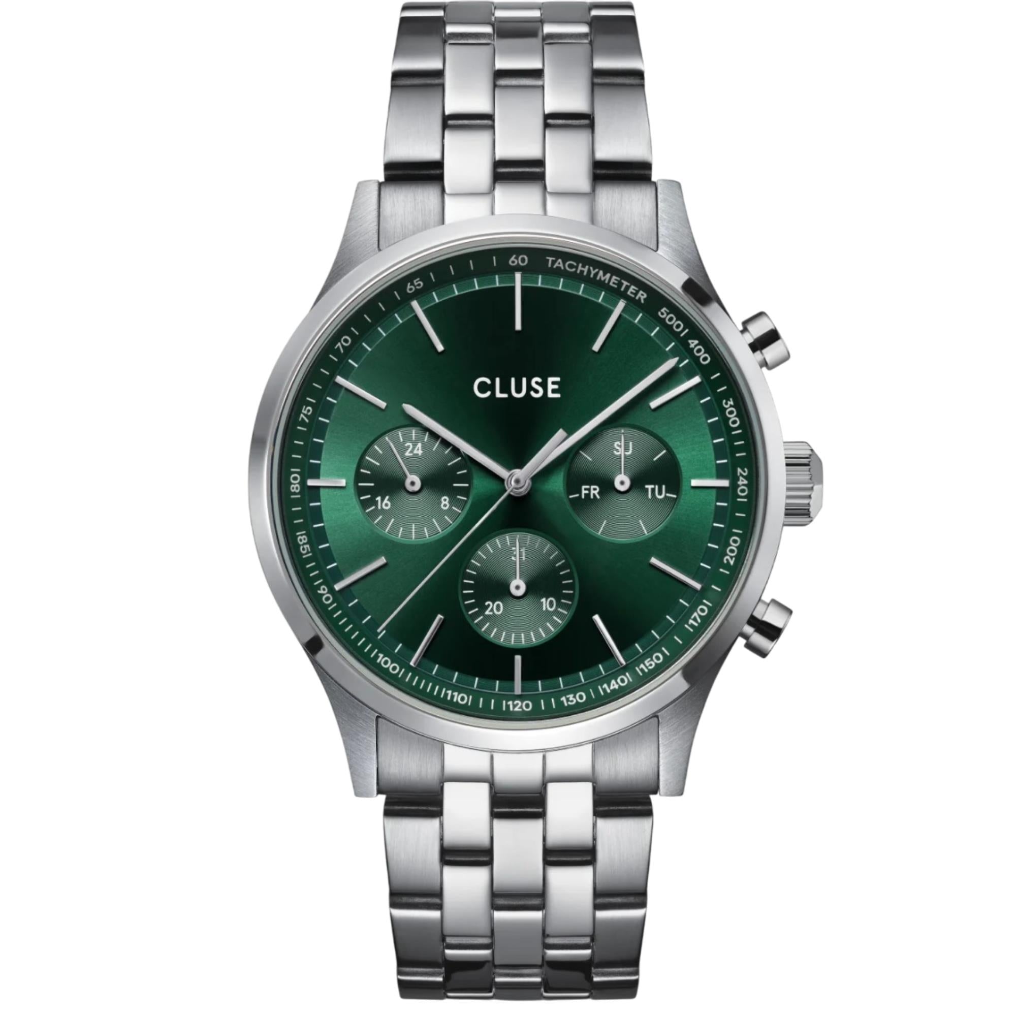 CLUSE Anthéor Quarz Chronograph Grünes Zifferblatt Stahlarmband Herrenuhr CW21002
