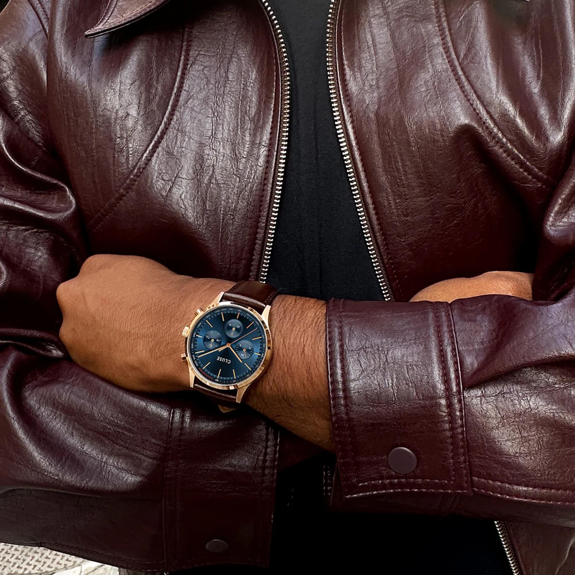 CLUSE Anthéor Quarz Chronograph Blaues Zifferblatt Lederarmband Herrenuhr CW21009