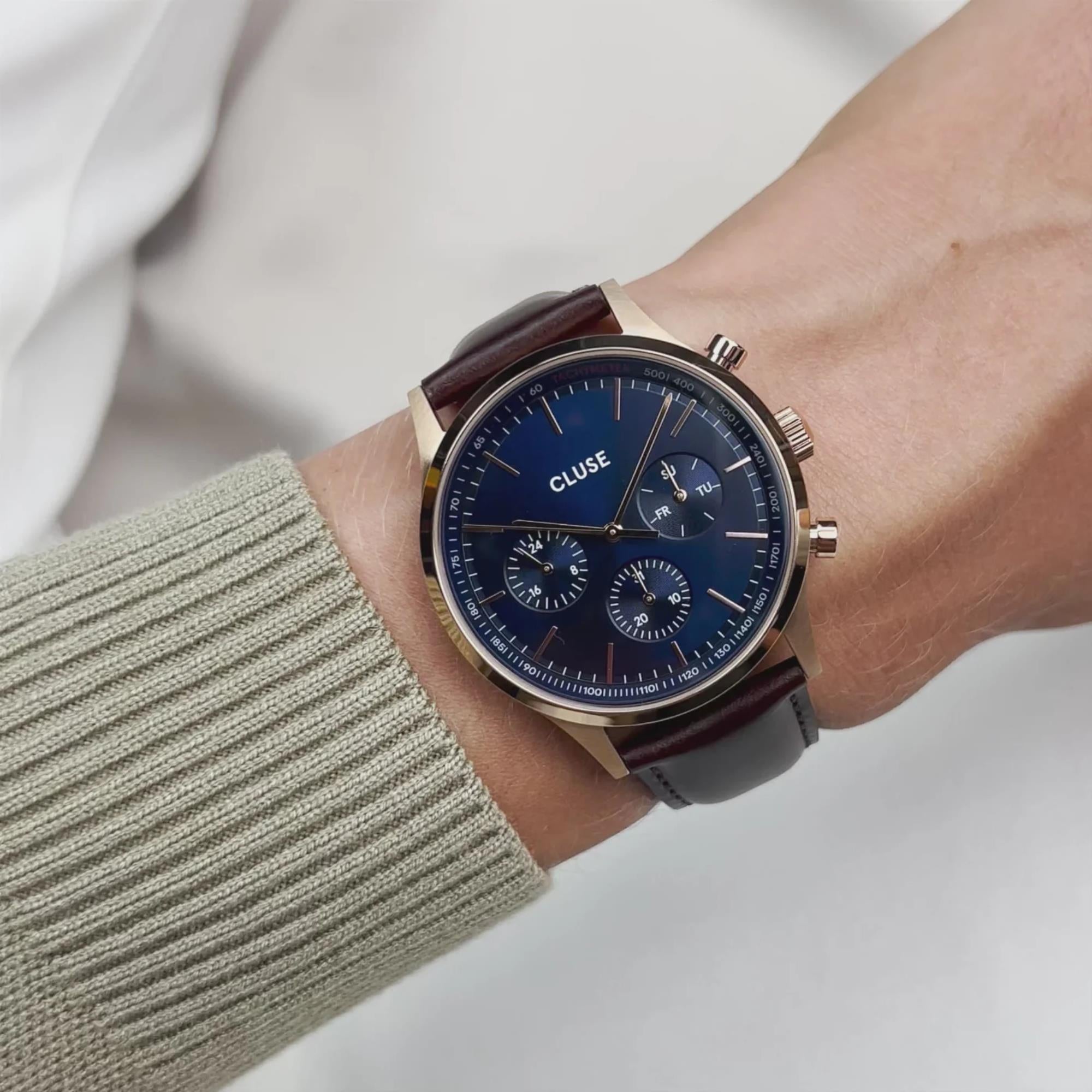 CLUSE Anthéor Quarz Chronograph Blaues Zifferblatt Lederarmband Herrenuhr CW21009