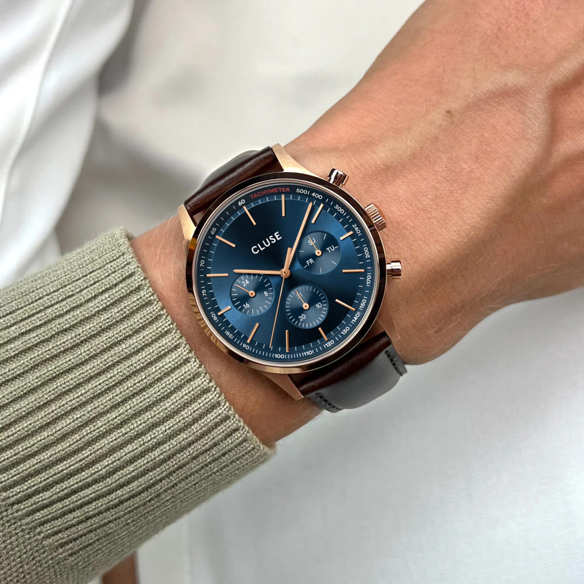 CLUSE Anthéor Quarz Chronograph Blaues Zifferblatt Lederarmband Herrenuhr CW21009