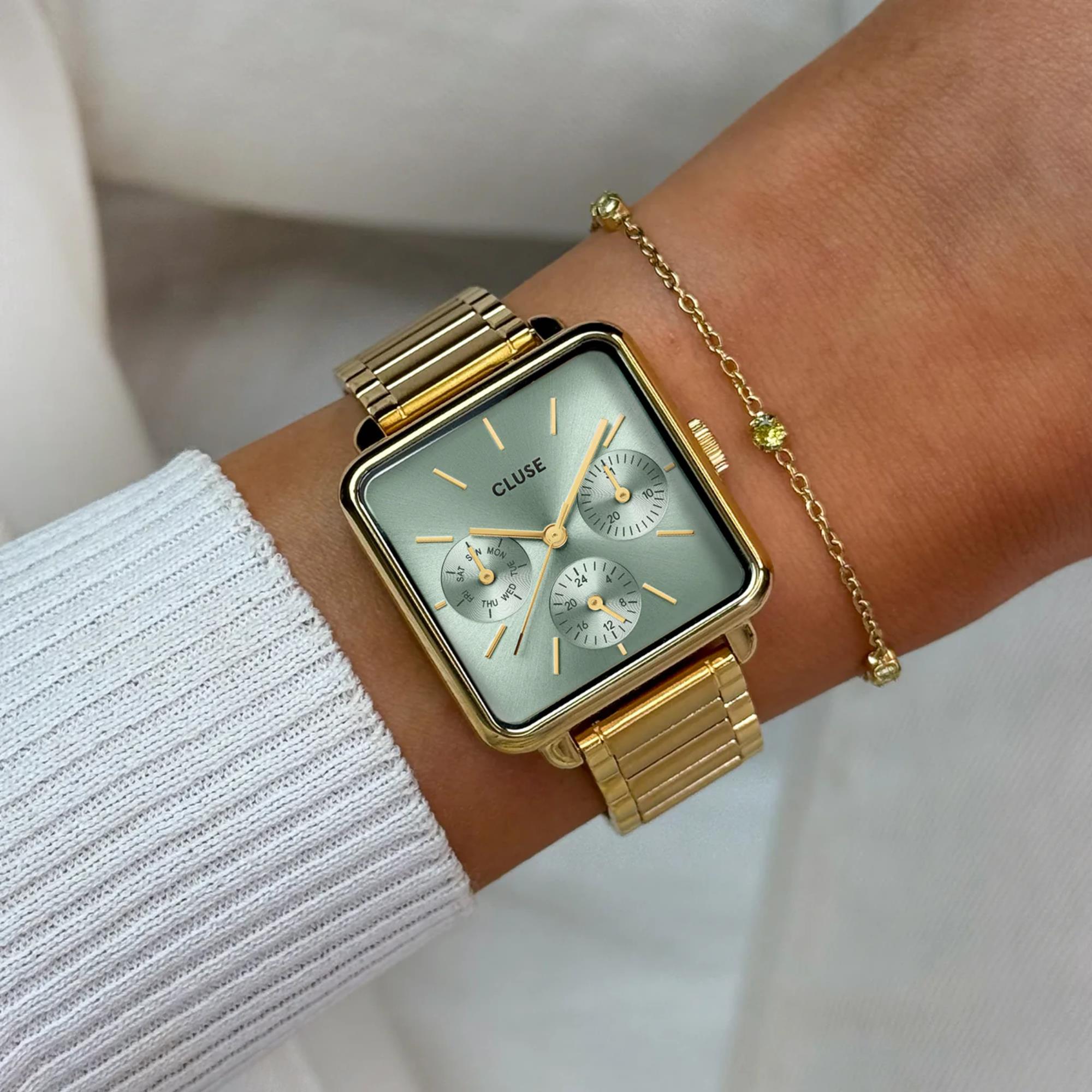 CLUSE La Tétragone Quarz Chronograph Grünes Zifferblatt Stahlarmband Damenuhr CW13805