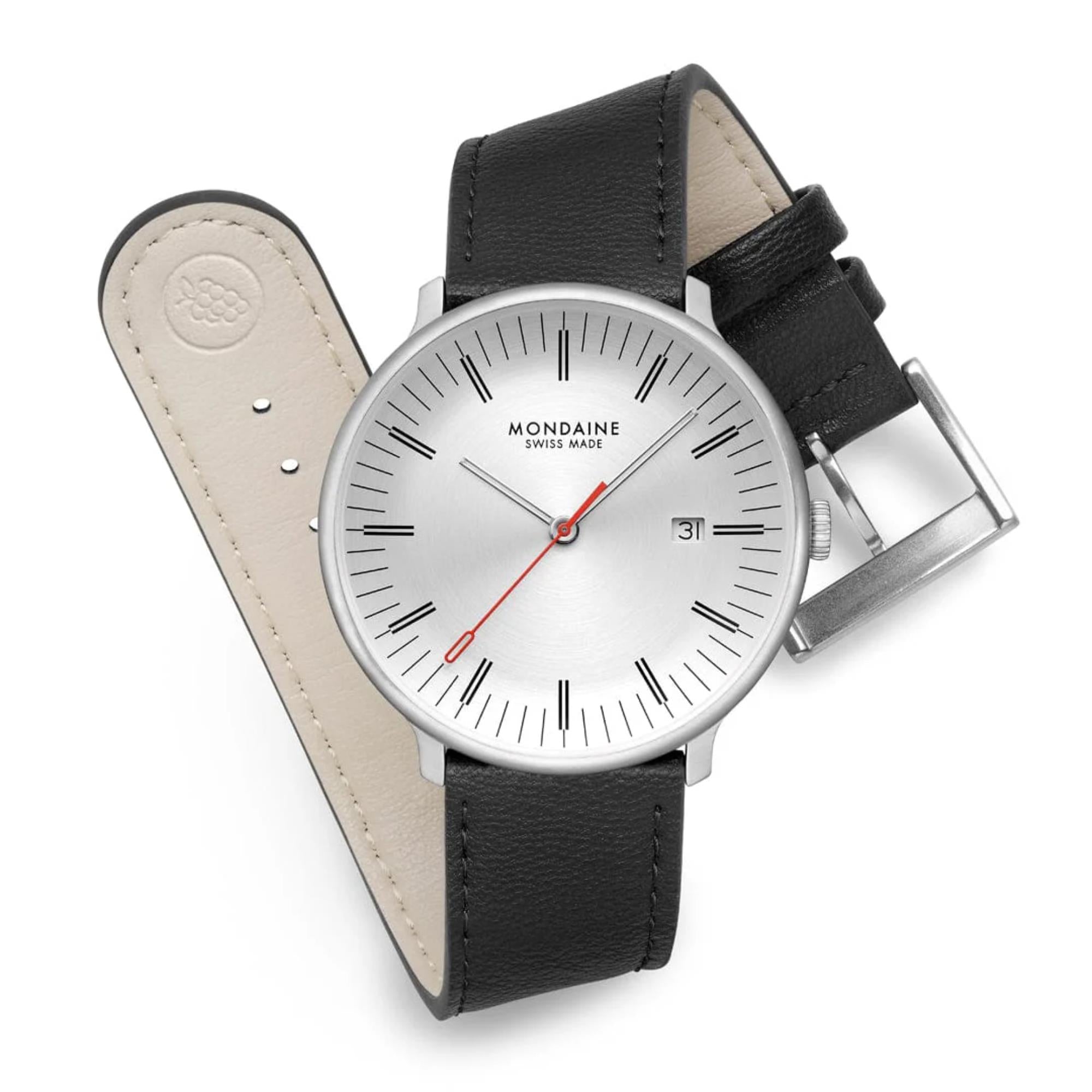 Mondaine Doppio Quarz Off-White Zifferblatt Lederarmband Herren Uhr MLE.41210.LBV