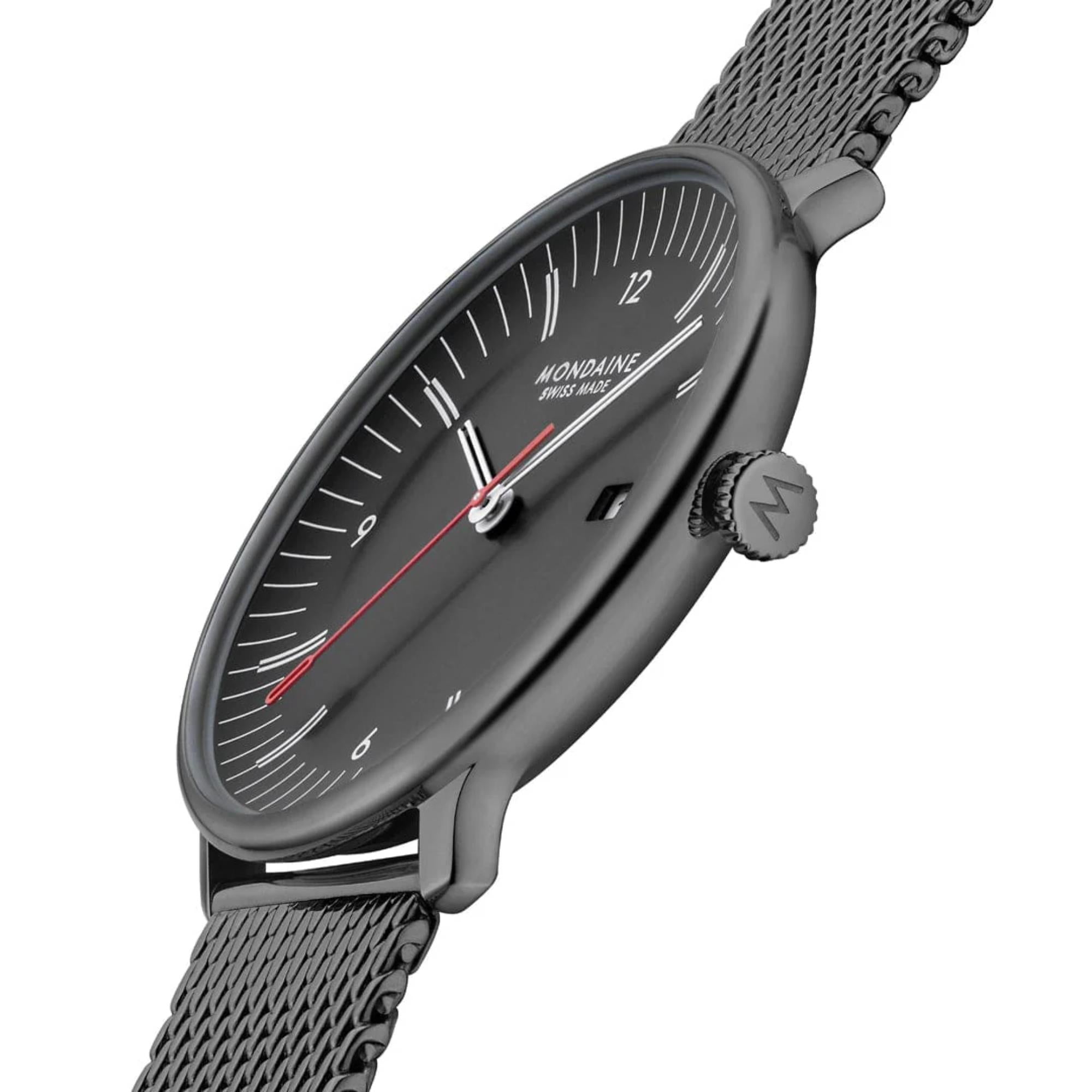 Mondaine Doppio Quarz Schwarzes Zifferblatt Stahlarmband Herren Uhr MLE.41220.SM