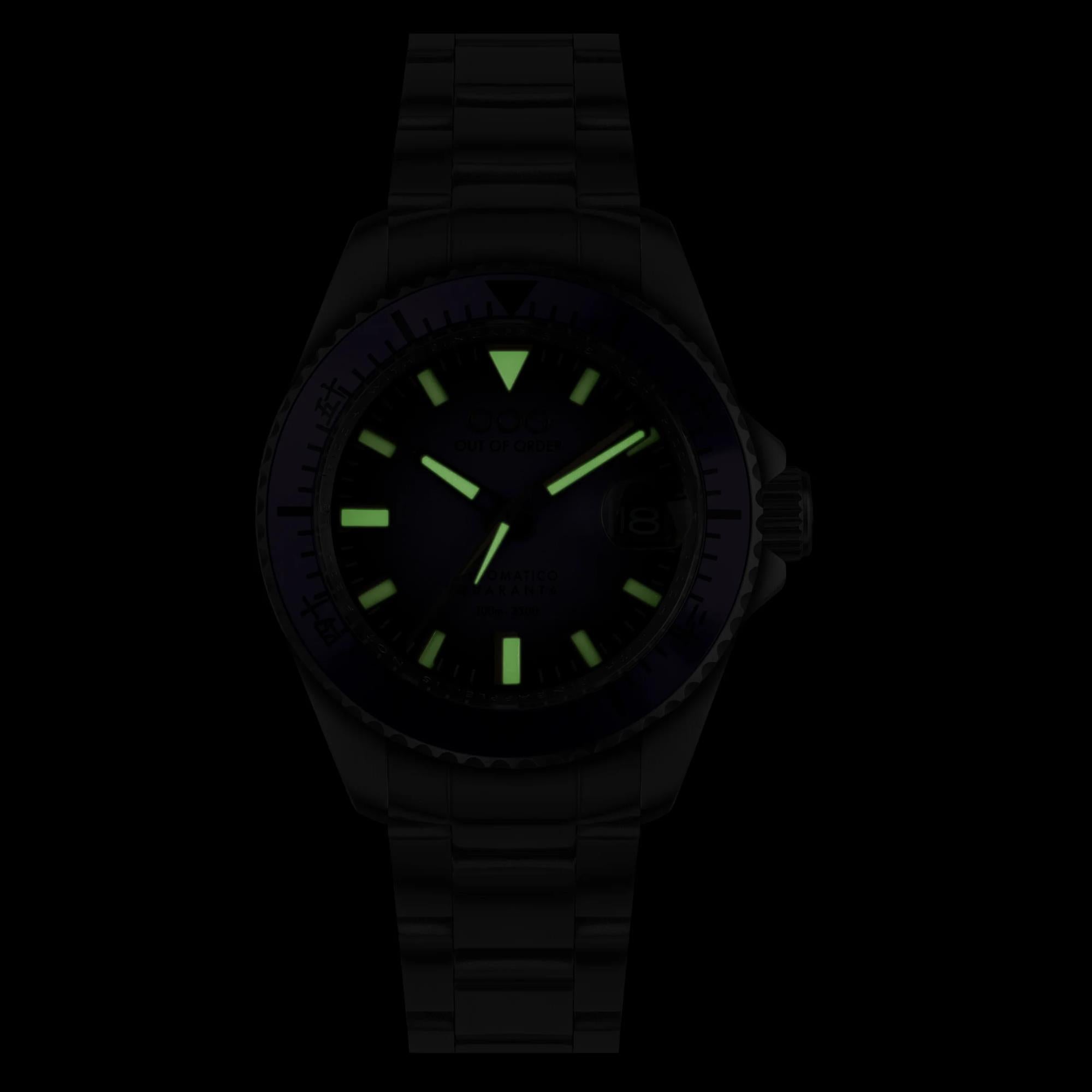 Out Of Order Indigo Automatik Quaranta Ultra Gebürstetes Lila Zifferblatt Stahlarmband Herren Uhr OOO.001-21.LI.SS