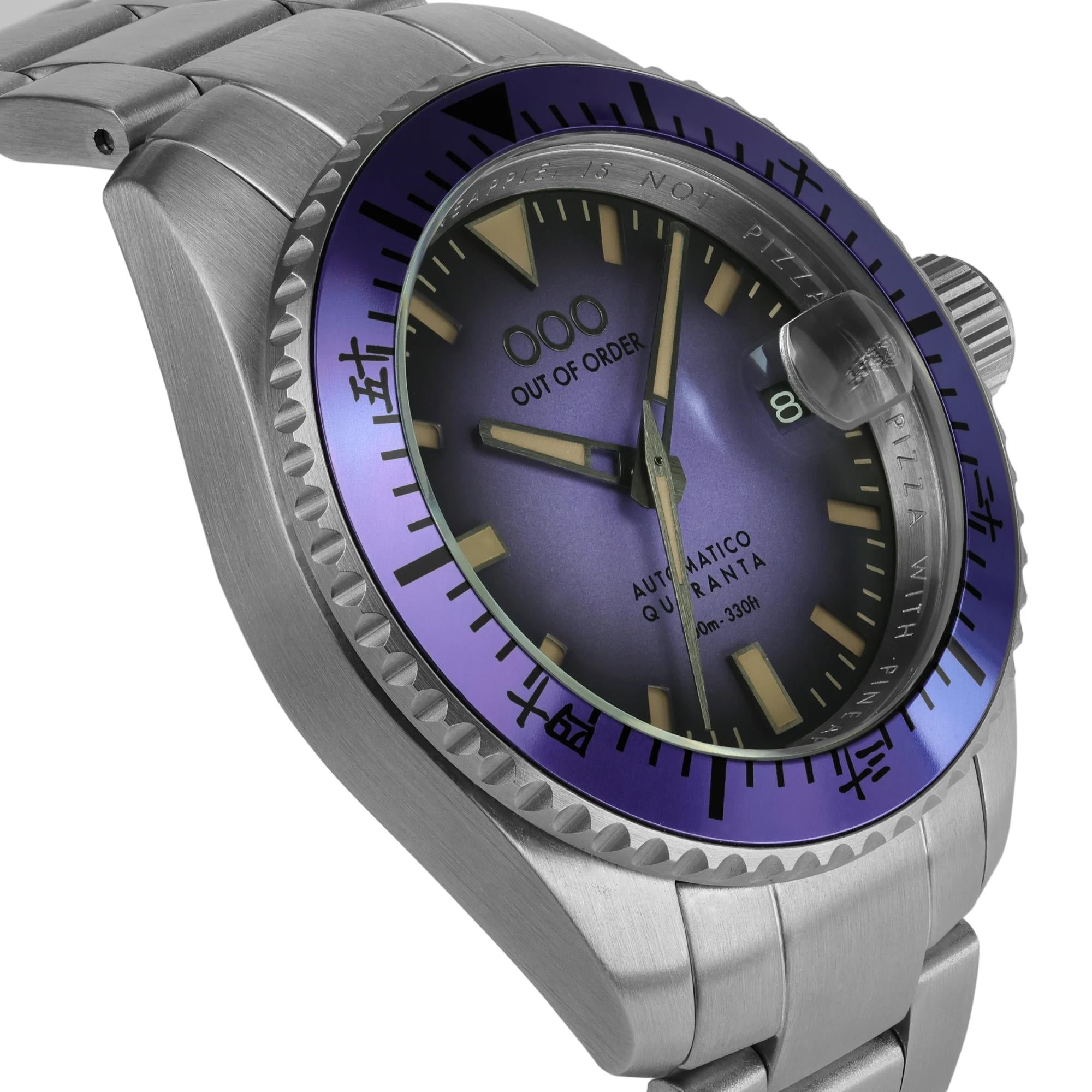 Out Of Order Indigo Automatik Quaranta Ultra Gebürstetes Lila Zifferblatt Stahlarmband Herren Uhr OOO.001-21.LI.SS