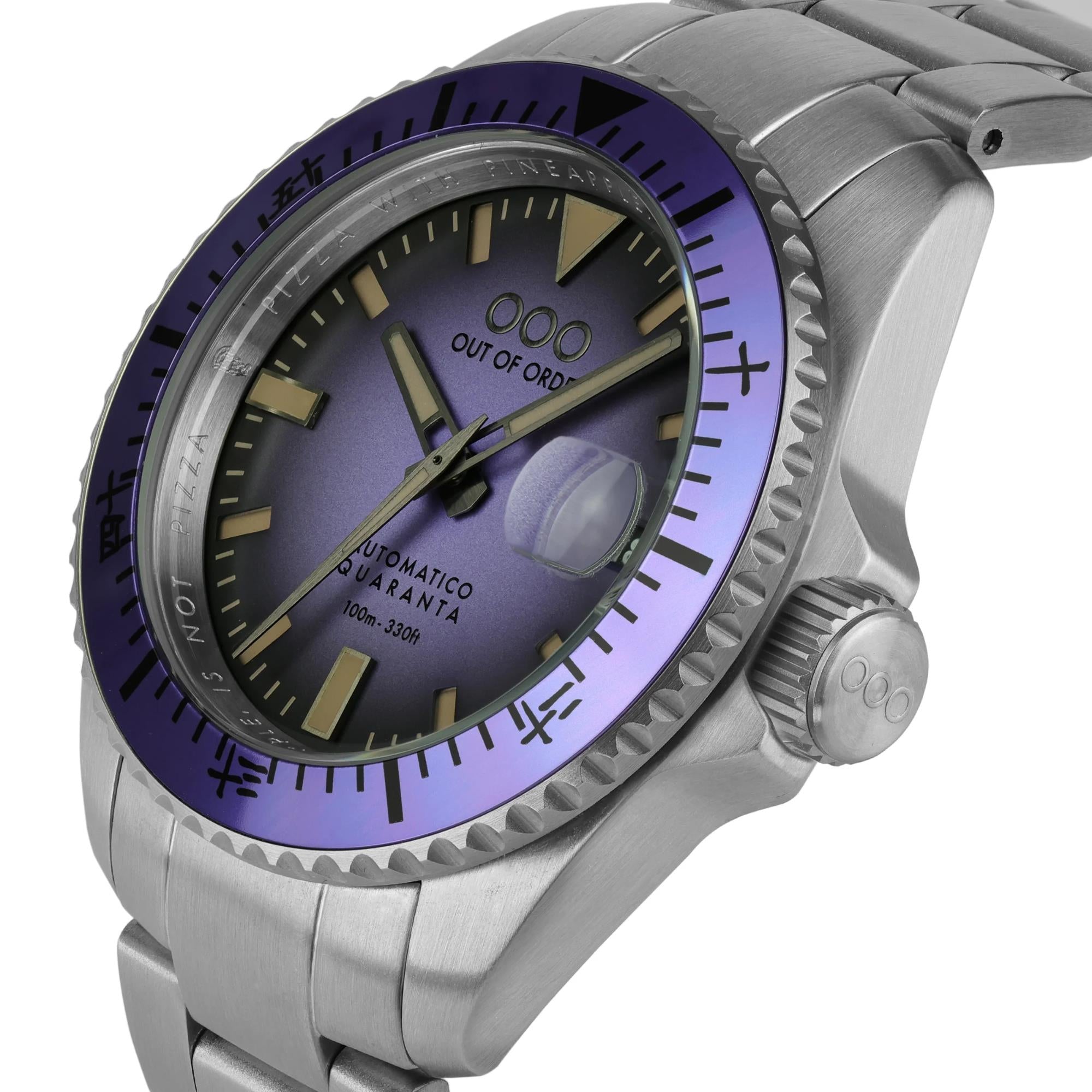 Out Of Order Indigo Automatik Quaranta Ultra Gebürstetes Lila Zifferblatt Stahlarmband Herren Uhr OOO.001-21.LI.SS