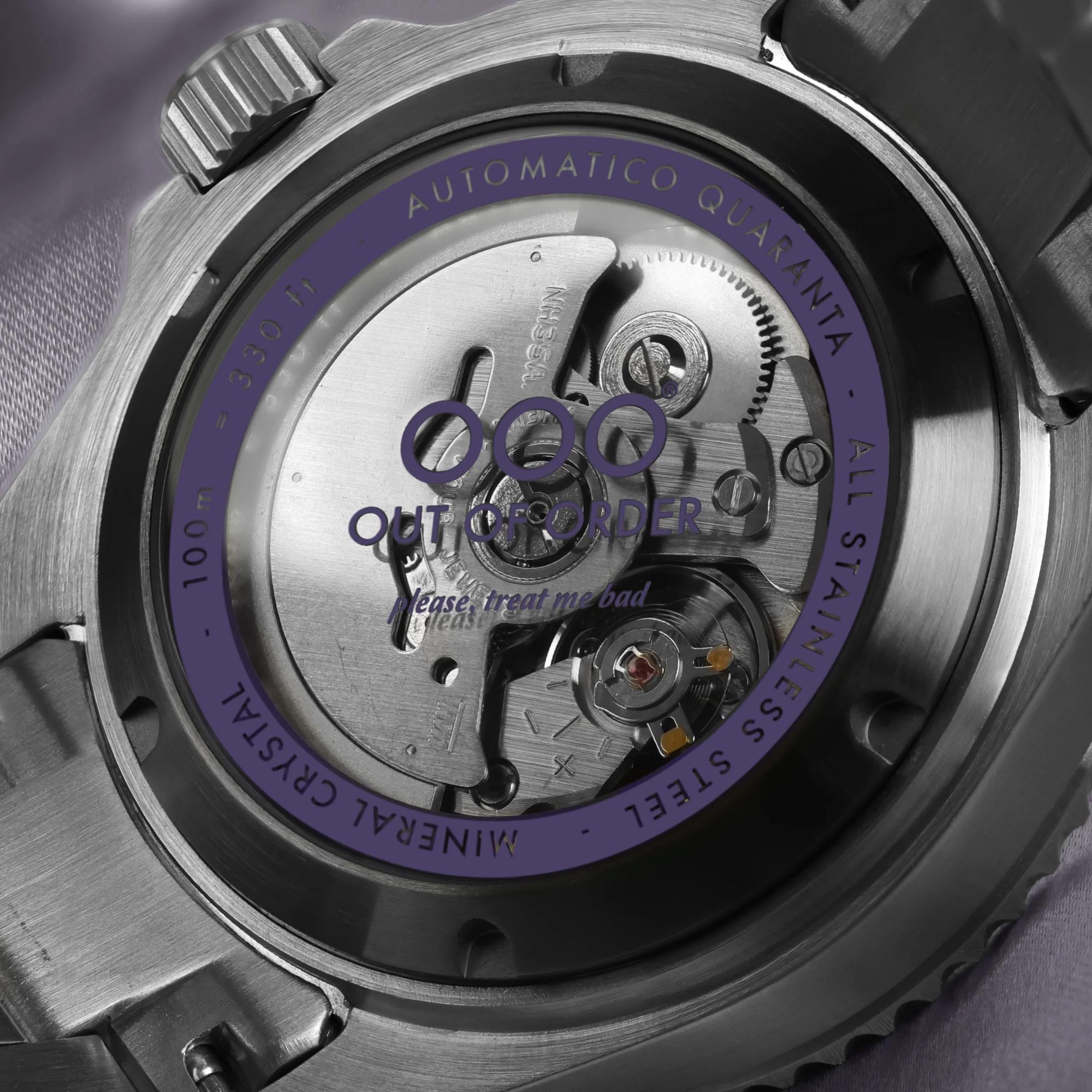 Out Of Order Indigo Automatik Quaranta Ultra Gebürstetes Lila Zifferblatt Stahlarmband Herren Uhr OOO.001-21.LI.SS